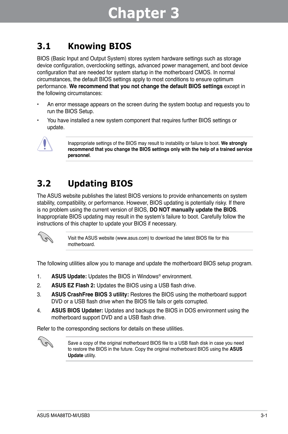 Chapter 3: bios setup, 1 knowing bios, 2 updating bios | Chapter 3, Bios setup, Knowing bios -1, Updating bios -1, Chapter 3 3.1 knowing bios | Asus M4A88TD-M/USB3 User Manual | Page 57 / 124