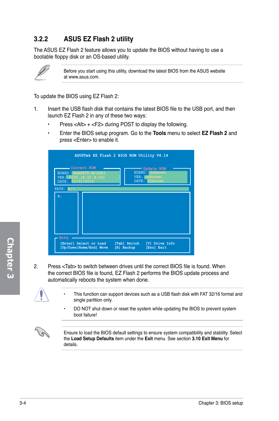 2 asus ez flash 2 utility, Asus ez flash 2 utility -4, Chapter 3 | Asus M4A88TD-M/USB3 User Manual | Page 60 / 124