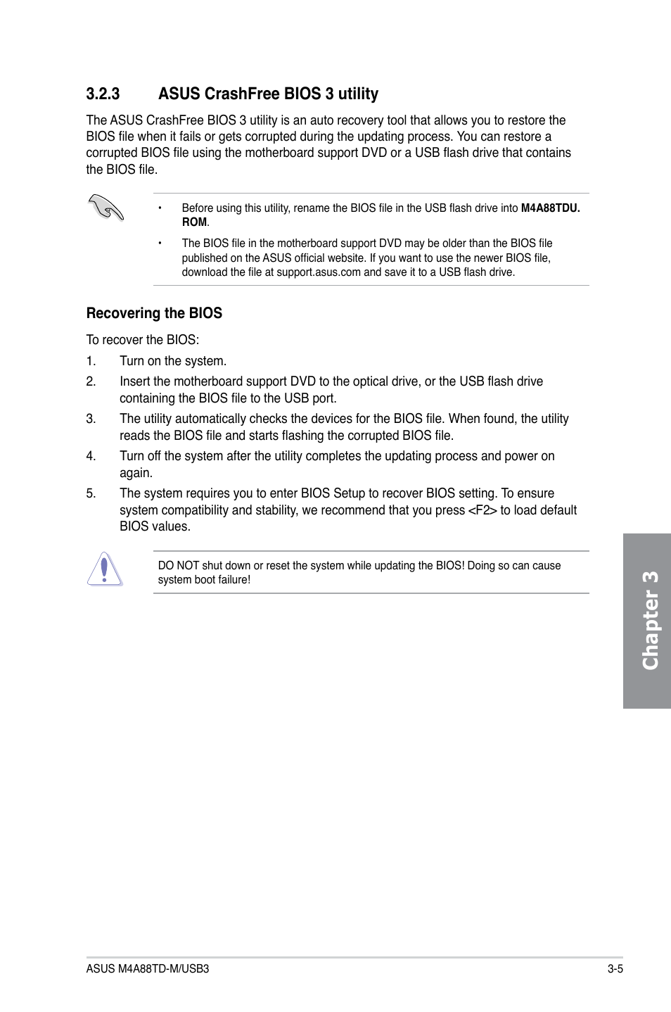 3 asus crashfree bios 3 utility, Asus crashfree bios 3 utility -5, Chapter 3 | Asus M4A88TD-M/USB3 User Manual | Page 61 / 124