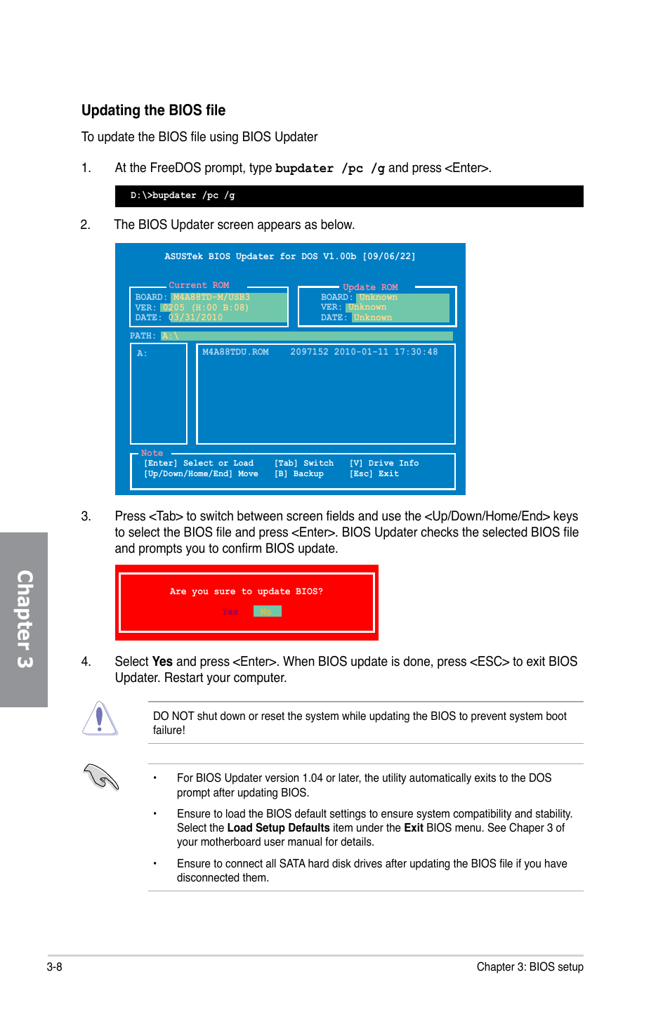 Chapter 3, Updating the bios file | Asus M4A88TD-M/USB3 User Manual | Page 64 / 124