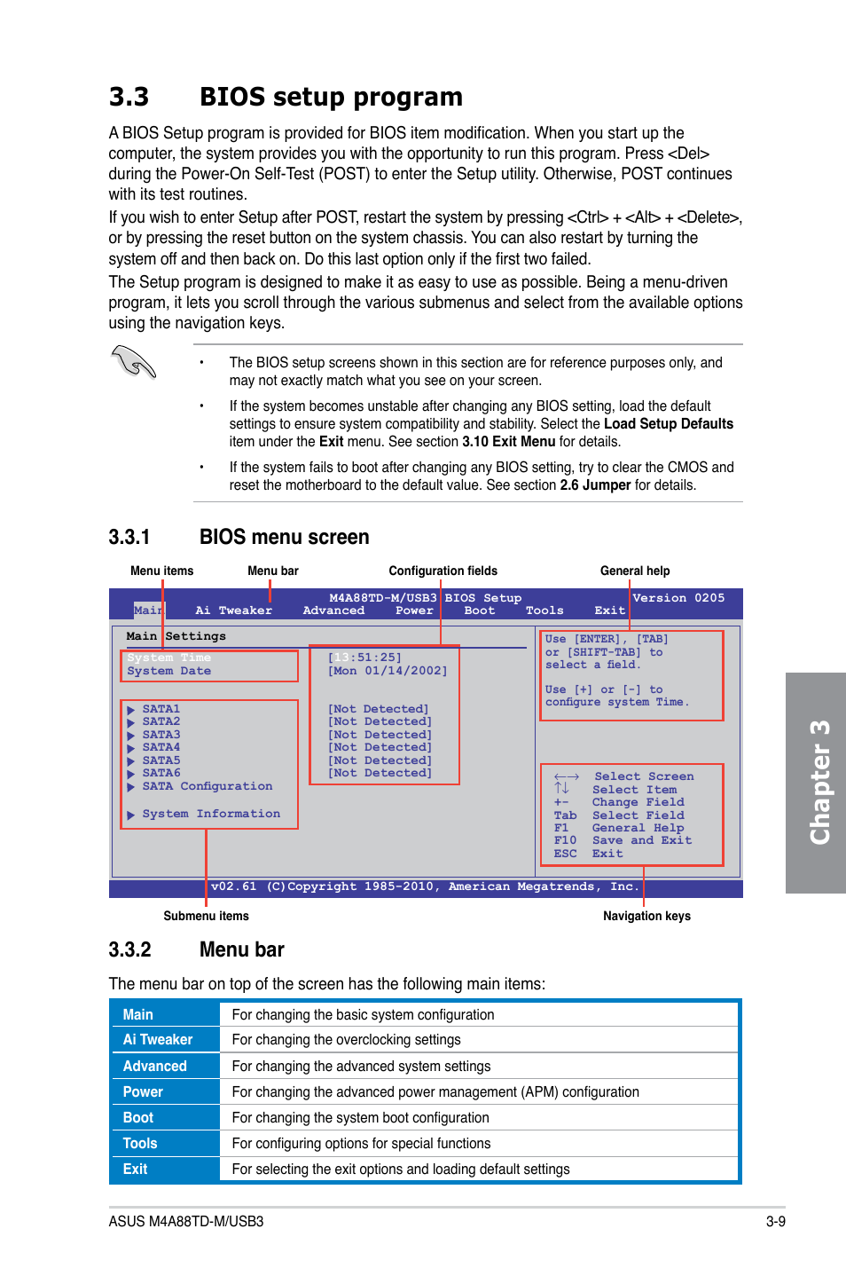 3 bios setup program, 1 bios menu screen, 2 menu bar | Bios setup program -9 3.3.1, Bios menu screen -9, Menu bar -9, Chapter 3 3.3 bios setup program, 1 bios menu screen 3.3.2 menu bar | Asus M4A88TD-M/USB3 User Manual | Page 65 / 124