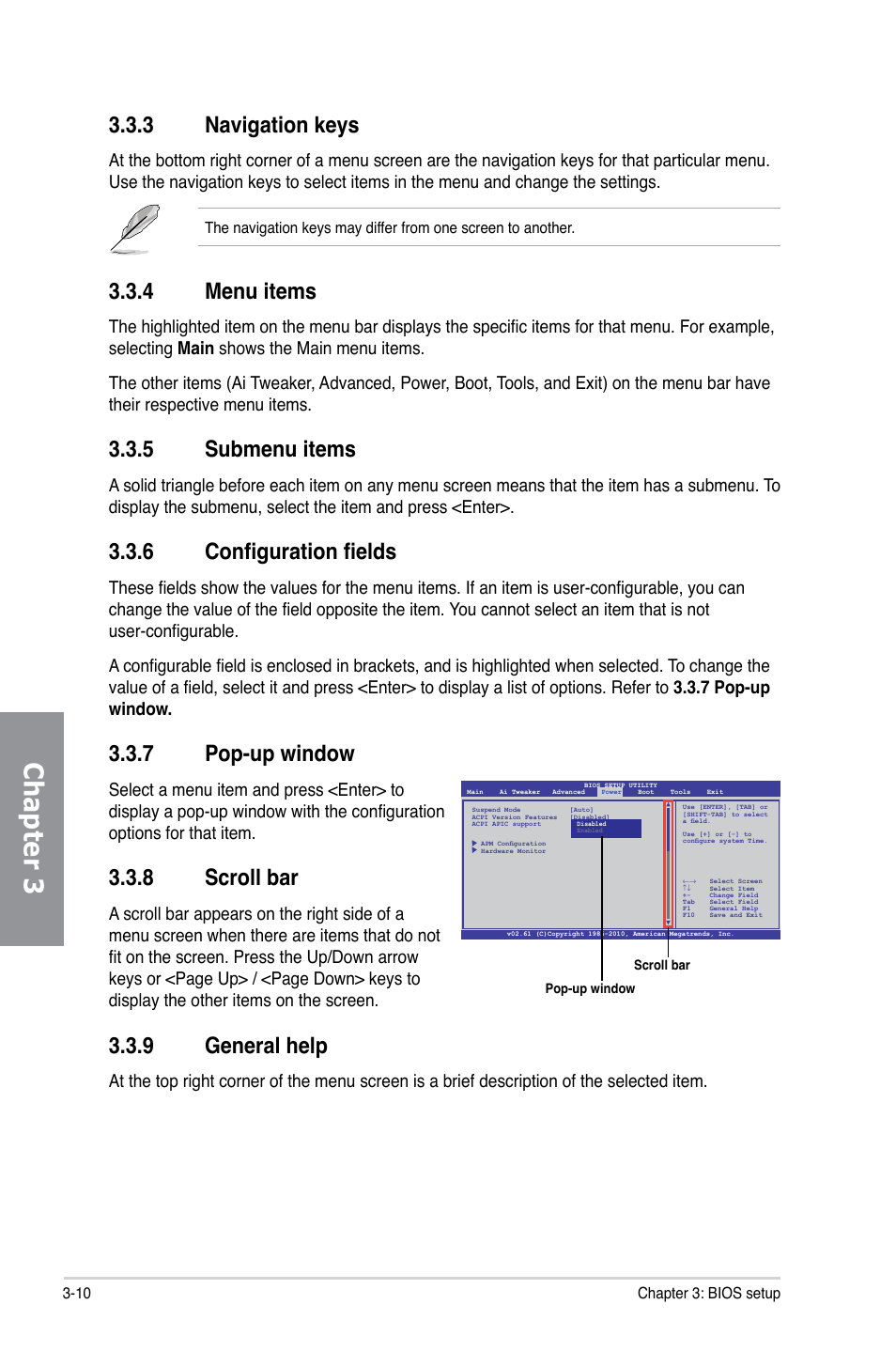 3 navigation keys, 4 menu items, 5 submenu items | 6 configuration fields, 7 pop-up window, 8 scroll bar, 9 general help, Navigation keys -10, Menu items -10, Submenu items -10 | Asus M4A88TD-M/USB3 User Manual | Page 66 / 124