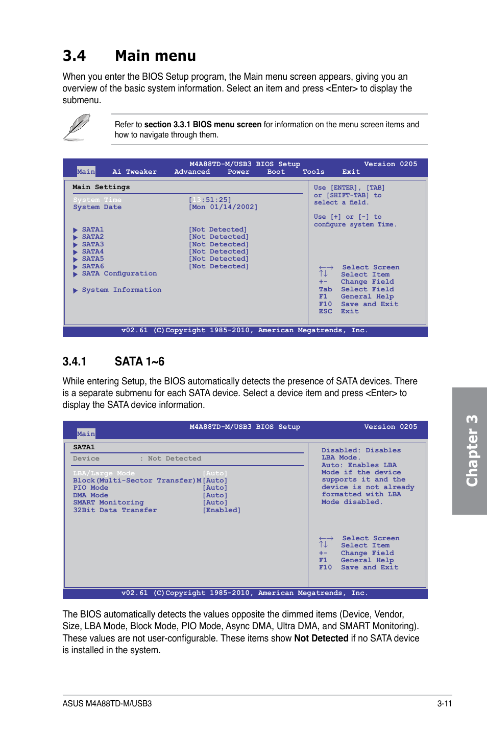 4 main menu, 1 sata 1~6, Main menu -11 3.4.1 | Sata 1~6 -11, Chapter 3 3.4 main menu | Asus M4A88TD-M/USB3 User Manual | Page 67 / 124