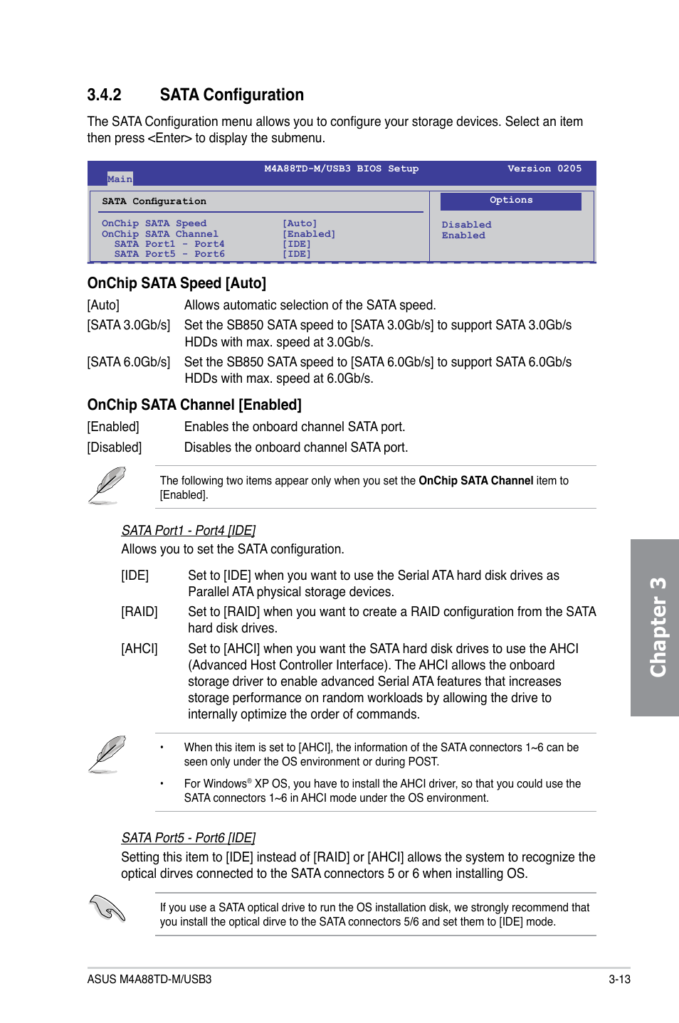 2 sata configuration, Sata configuration -13, Chapter 3 | Onchip sata speed [auto, Onchip sata channel [enabled | Asus M4A88TD-M/USB3 User Manual | Page 69 / 124