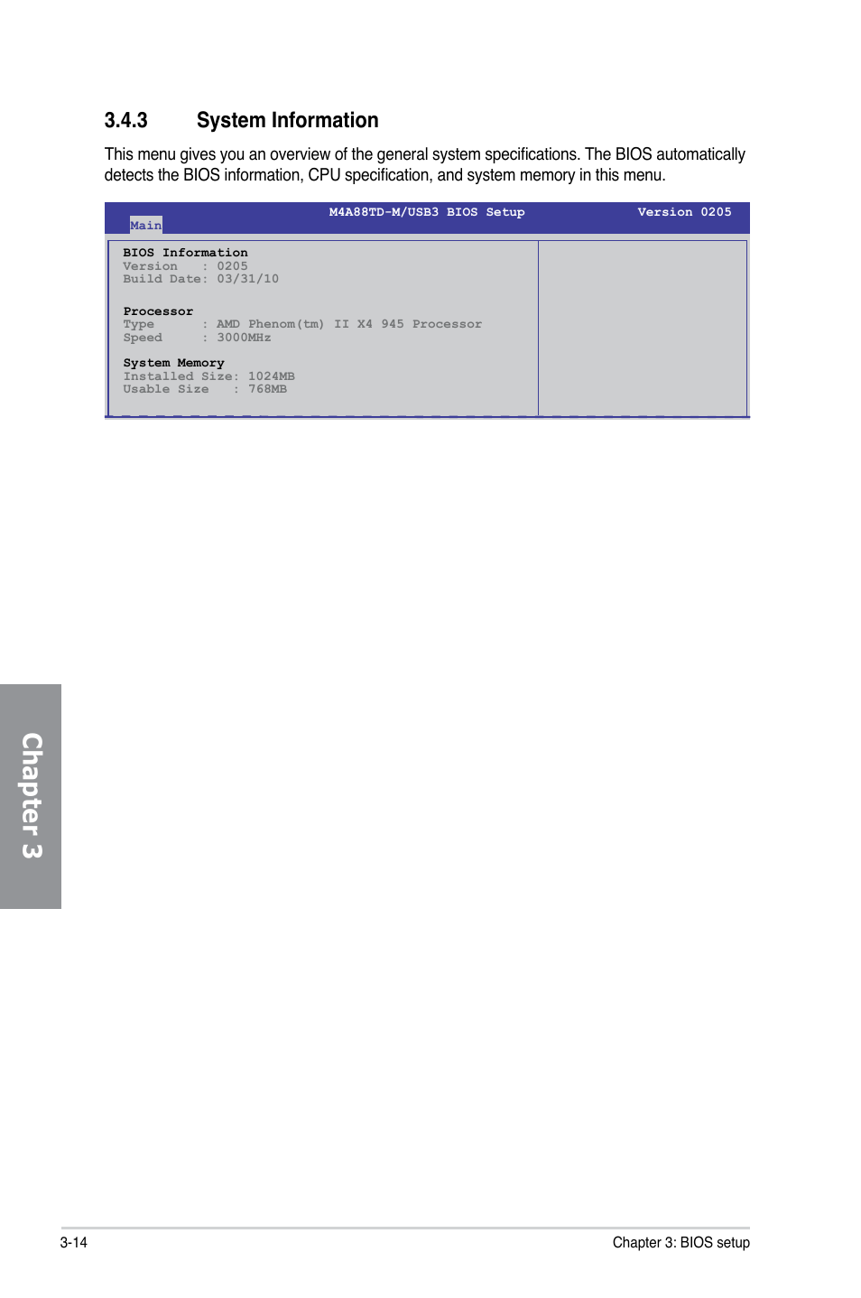 3 system information, System information -14, Chapter 3 | Asus M4A88TD-M/USB3 User Manual | Page 70 / 124