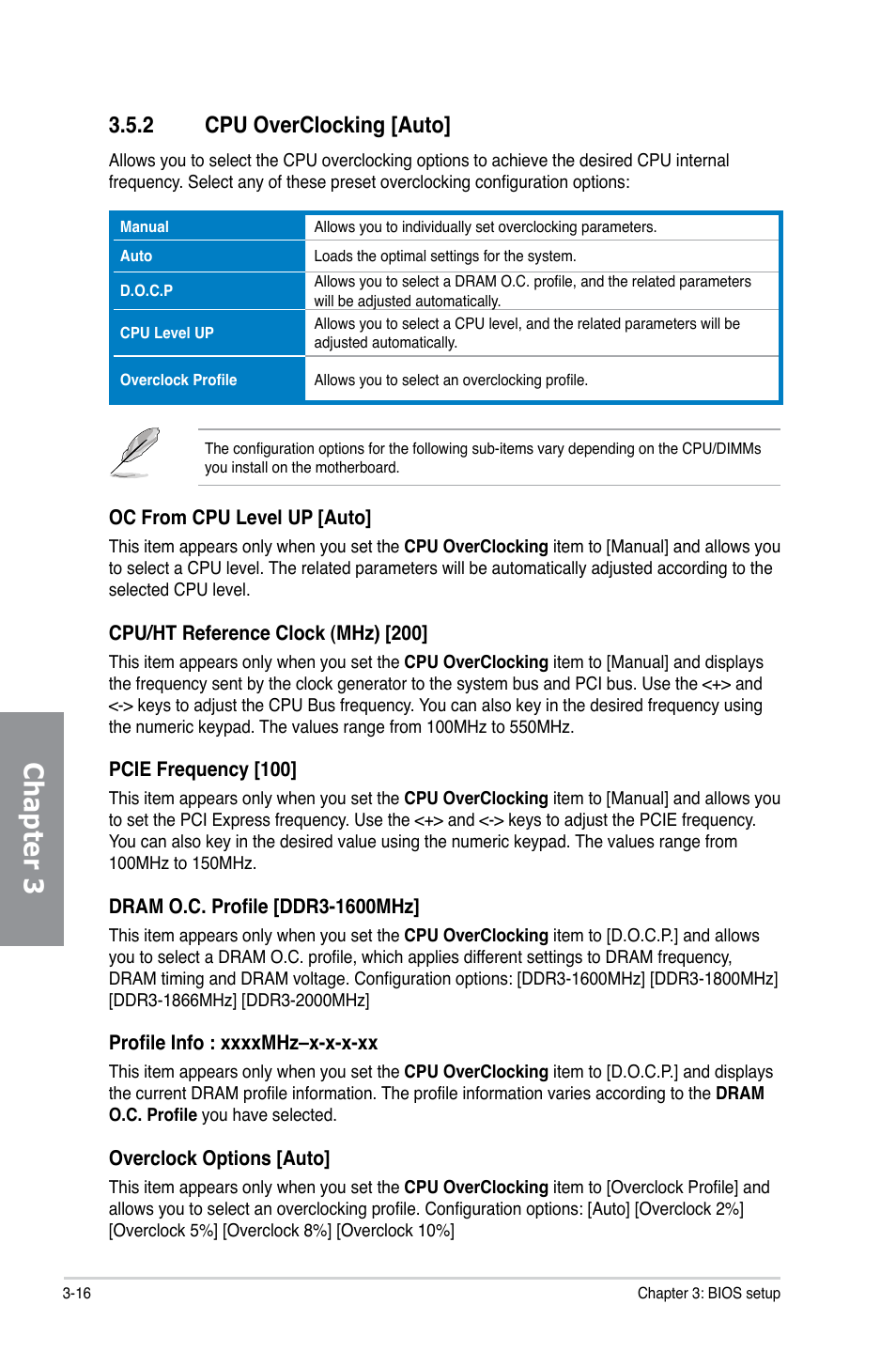 2 cpu overclocking, Cpu overclocking -16, Chapter 3 | 2 cpu overclocking [auto | Asus M4A88TD-M/USB3 User Manual | Page 72 / 124