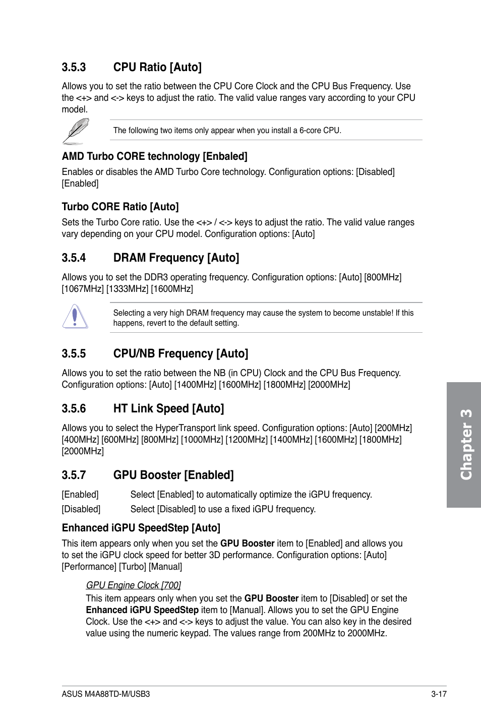 3 cpu ratio, 4 dram frequency, 5 cpu/nb frequency | 6 ht link speed, 7 gpu booster, Cpu ratio -17, Dram frequency -17, Cpu/nb frequency -17, Ht link speed -17, Gpu booster -17 | Asus M4A88TD-M/USB3 User Manual | Page 73 / 124