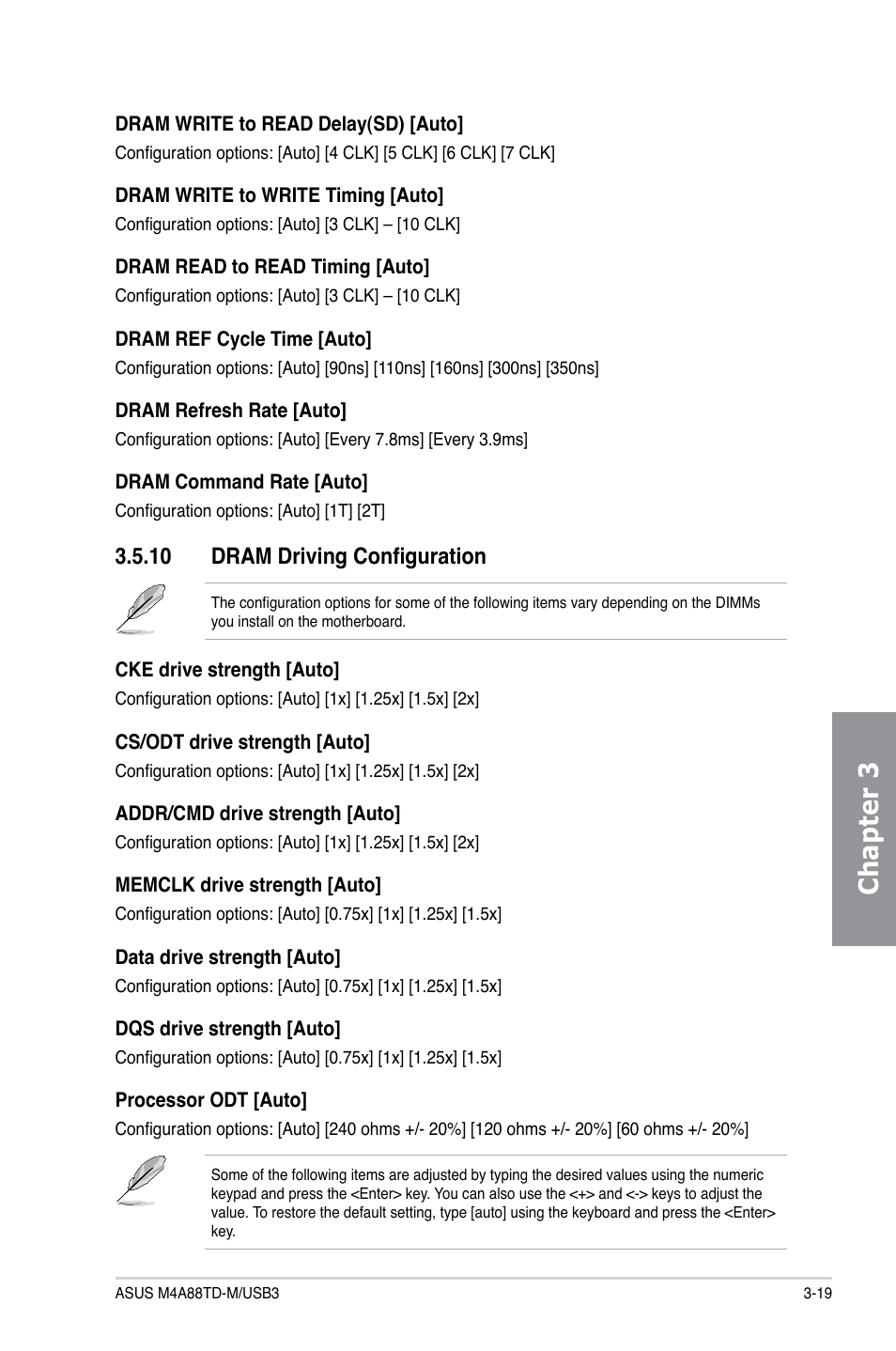 10 dram driving configuration, Dram driving configuration -19, Chapter 3 | Asus M4A88TD-M/USB3 User Manual | Page 75 / 124