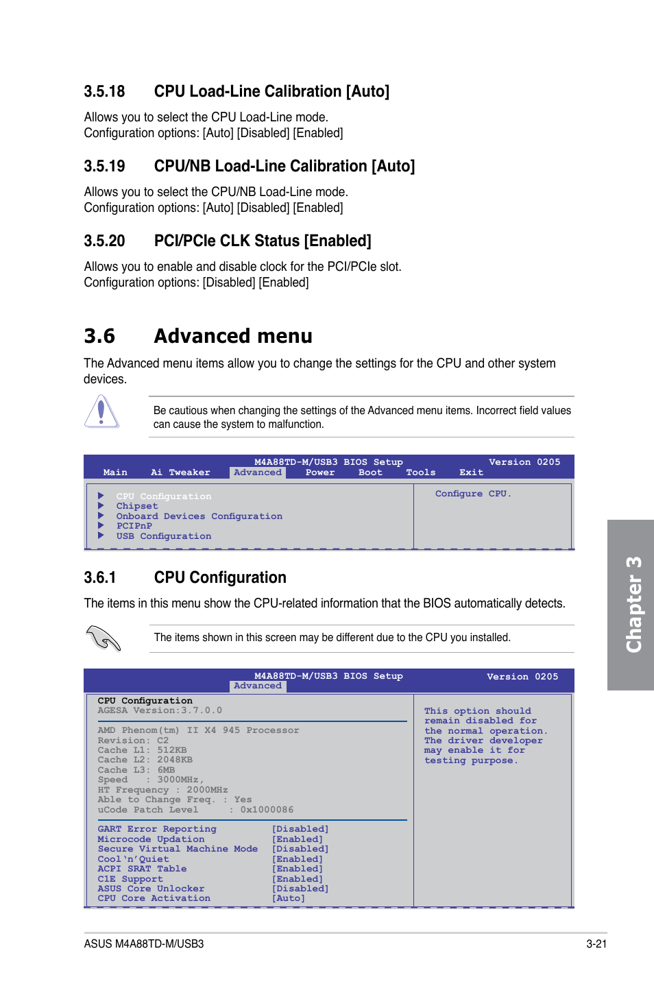 18 cpu load-line calibration, 19 cpu/nb load-line calibration, 20 pci/pcie clk status | 6 advanced menu, 1 cpu configuration, Cpu load-line calibration -21, Cpu/nb load-line calibration -21, Pci/pcie clk status -21, Advanced menu -21 3.6.1, Cpu configuration -21 | Asus M4A88TD-M/USB3 User Manual | Page 77 / 124