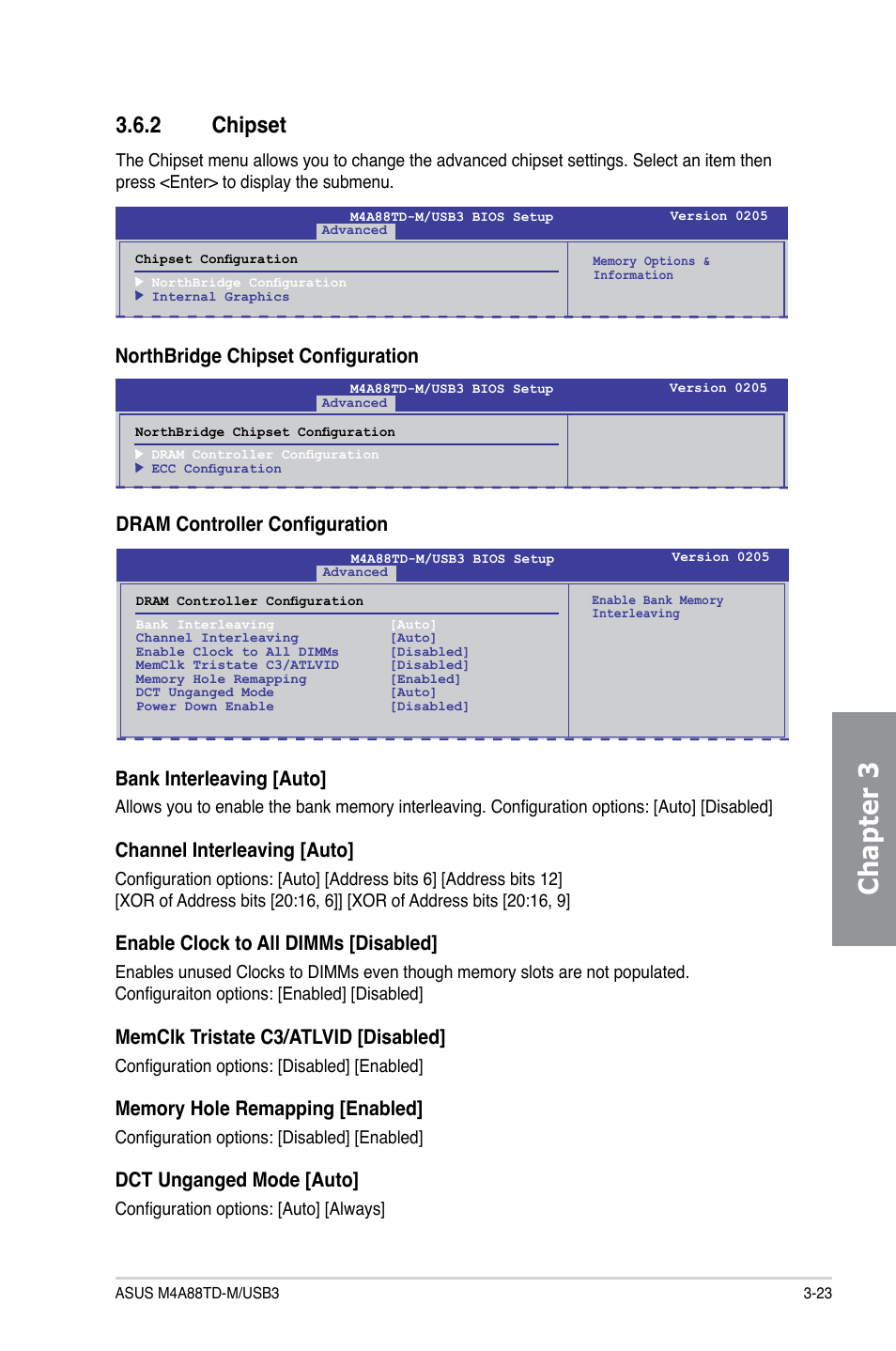 2 chipset, Chipset -23, Chapter 3 | Northbridge chipset configuration, Channel interleaving [auto, Enable clock to all dimms [disabled, Memclk tristate c3/atlvid [disabled, Dct unganged mode [auto | Asus M4A88TD-M/USB3 User Manual | Page 79 / 124