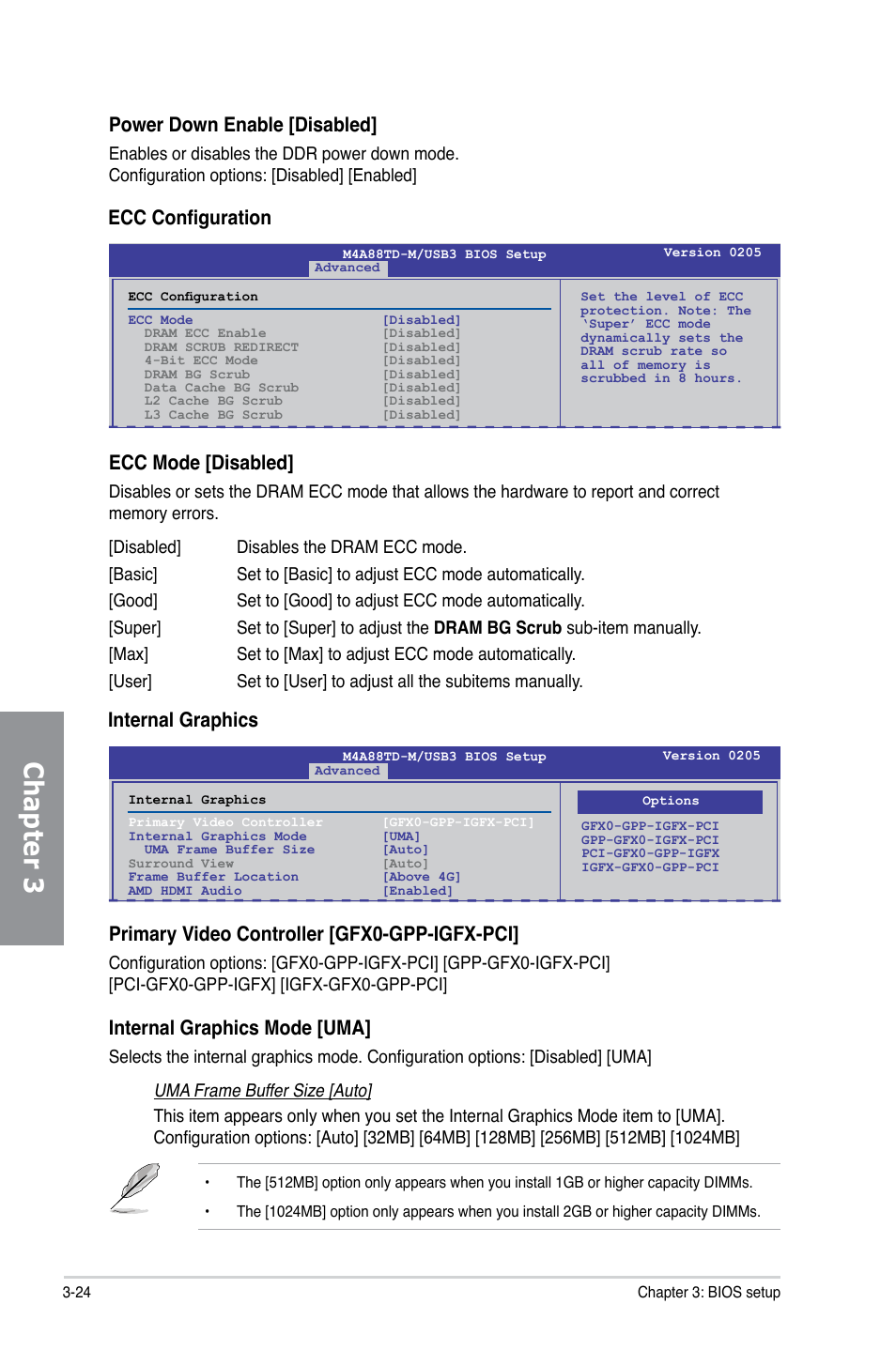 Chapter 3, Ecc configuration ecc mode [disabled, Power down enable [disabled | Internal graphics, Primary video controller [gfx0-gpp-igfx-pci, Internal graphics mode [uma | Asus M4A88TD-M/USB3 User Manual | Page 80 / 124