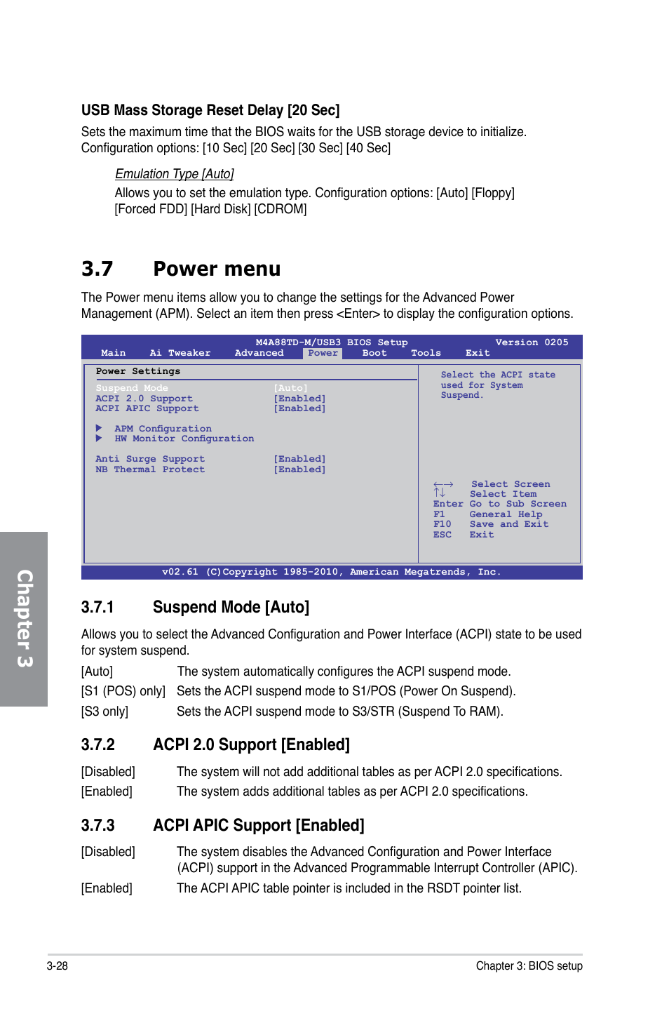 7 power menu, 1 suspend mode, 2 acpi 2.0 support | 3 acpi apic support, Power menu -28 3.7.1, Suspend mode -28, Acpi 2.0 support -28, Acpi apic support -28, Chapter 3 3.7 power menu, 1 suspend mode [auto | Asus M4A88TD-M/USB3 User Manual | Page 84 / 124