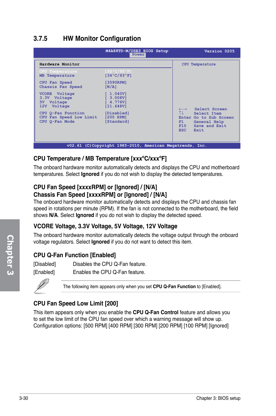 5 hw monitor configuration, Hw monitor configuration -30, Chapter 3 | Cpu temperature / mb temperature [xxxºc/xxxºf, Cpu q-fan function [enabled, Cpu fan speed low limit [200 | Asus M4A88TD-M/USB3 User Manual | Page 86 / 124