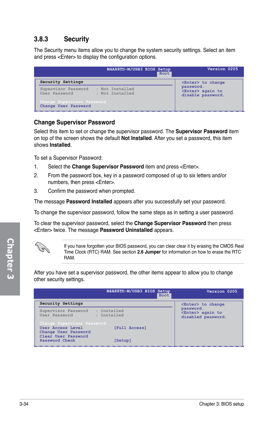 3 security, Security -34, Chapter 3 | Change supervisor password | Asus M4A88TD-M/USB3 User Manual | Page 90 / 124