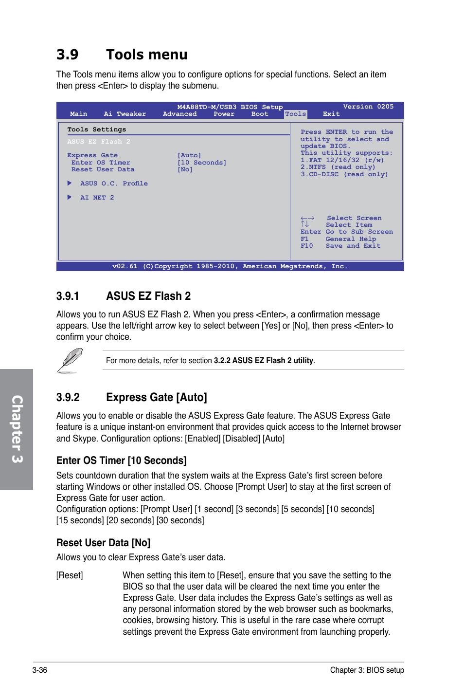 9 tools menu, 1 asus ez flash 2, 2 express gate | Tools menu -36 3.9.1, Asus ez flash 2 -36, Express gate -36, Chapter 3 3.9 tools menu, 2 express gate [auto, Enter os timer [10 seconds, Reset user data [no | Asus M4A88TD-M/USB3 User Manual | Page 92 / 124