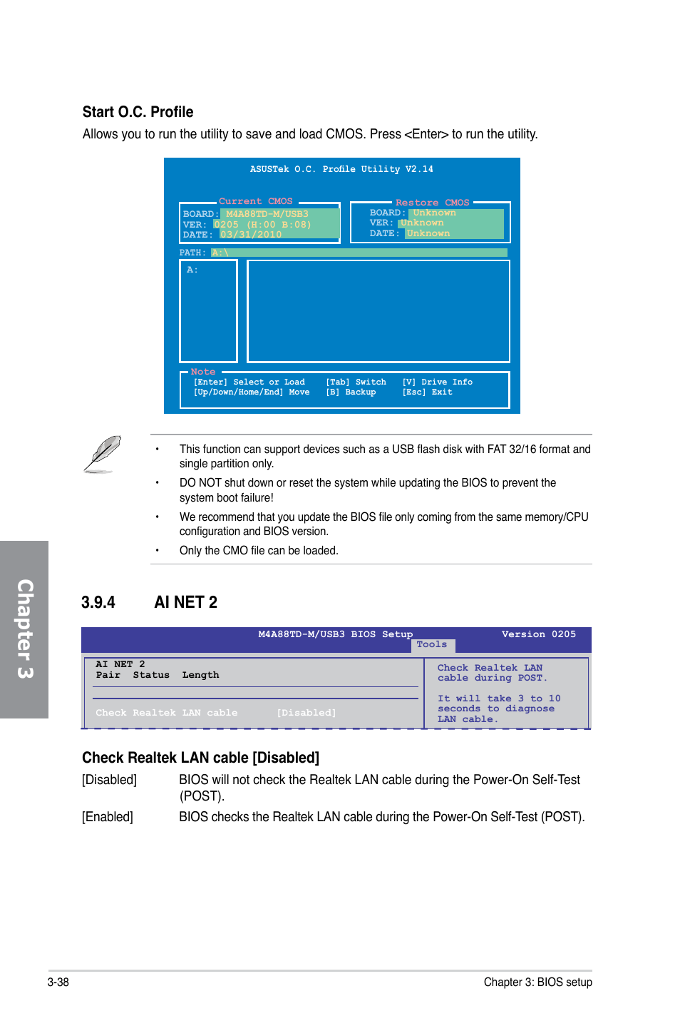 4 ai net 2, Ai net 2 -38, Chapter 3 | Check realtek lan cable [disabled, Start o.c. profile | Asus M4A88TD-M/USB3 User Manual | Page 94 / 124
