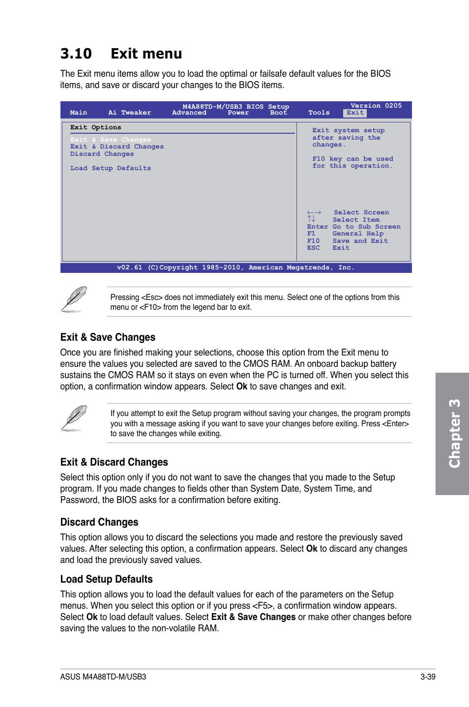 10 exit menu, Exit menu -39, Chapter 3 3.10 exit menu | Exit & save changes, Exit & discard changes, Discard changes, Load setup defaults | Asus M4A88TD-M/USB3 User Manual | Page 95 / 124