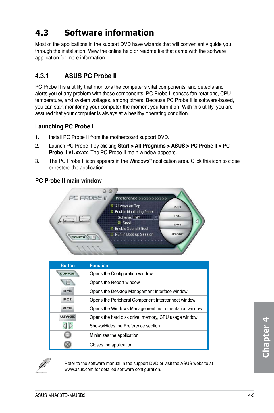 3 software information, 1 asus pc probe ii, Software information -3 4.3.1 | Asus pc probe ii -3, Chapter 4 | Asus M4A88TD-M/USB3 User Manual | Page 99 / 124