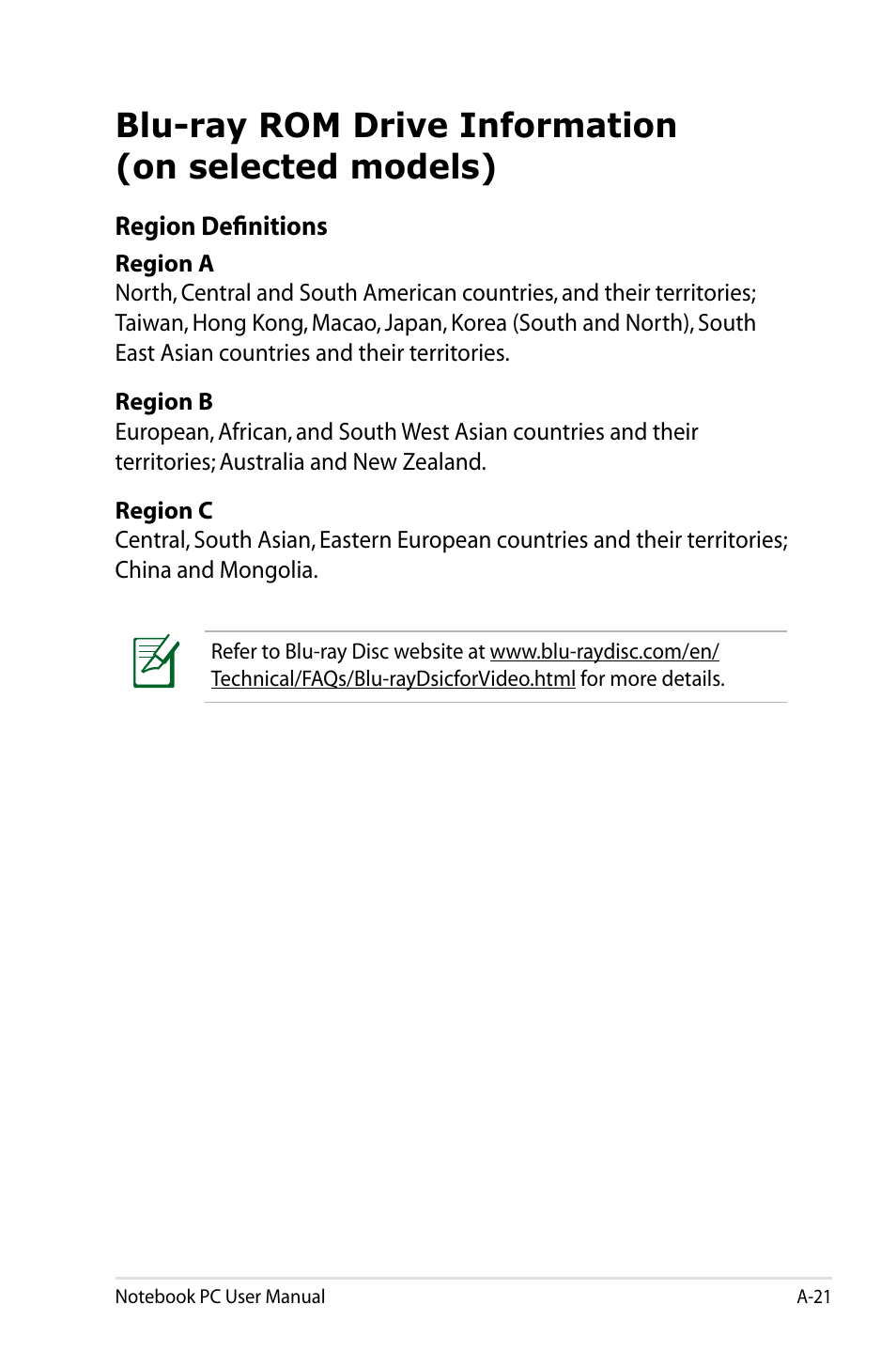 Blu-ray rom drive information(on selected models), Blu-ray rom drive information (on selected models) | Asus R900VB User Manual | Page 101 / 122