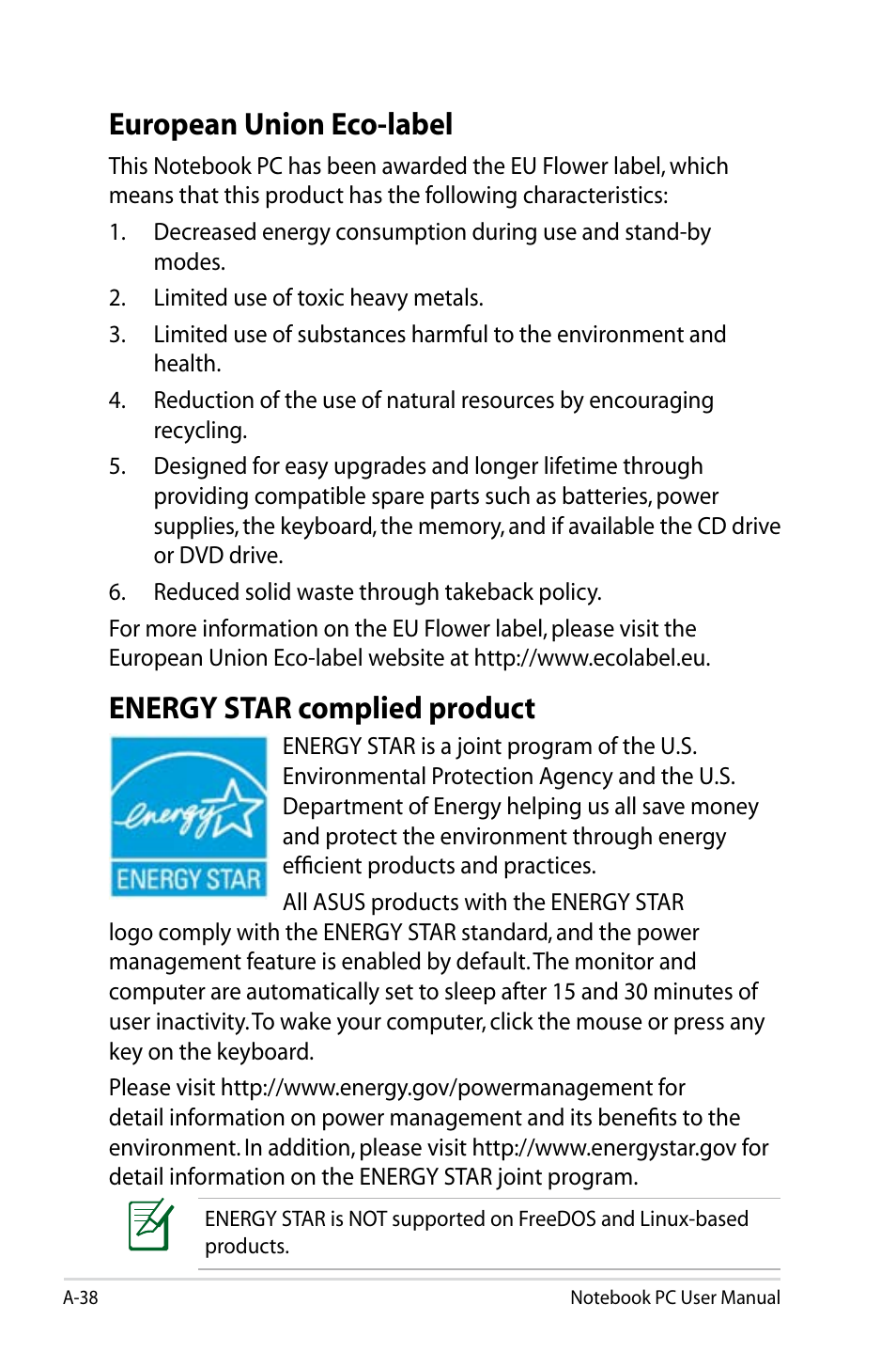 European union eco-label, Energy star complied product | Asus R900VB User Manual | Page 118 / 122