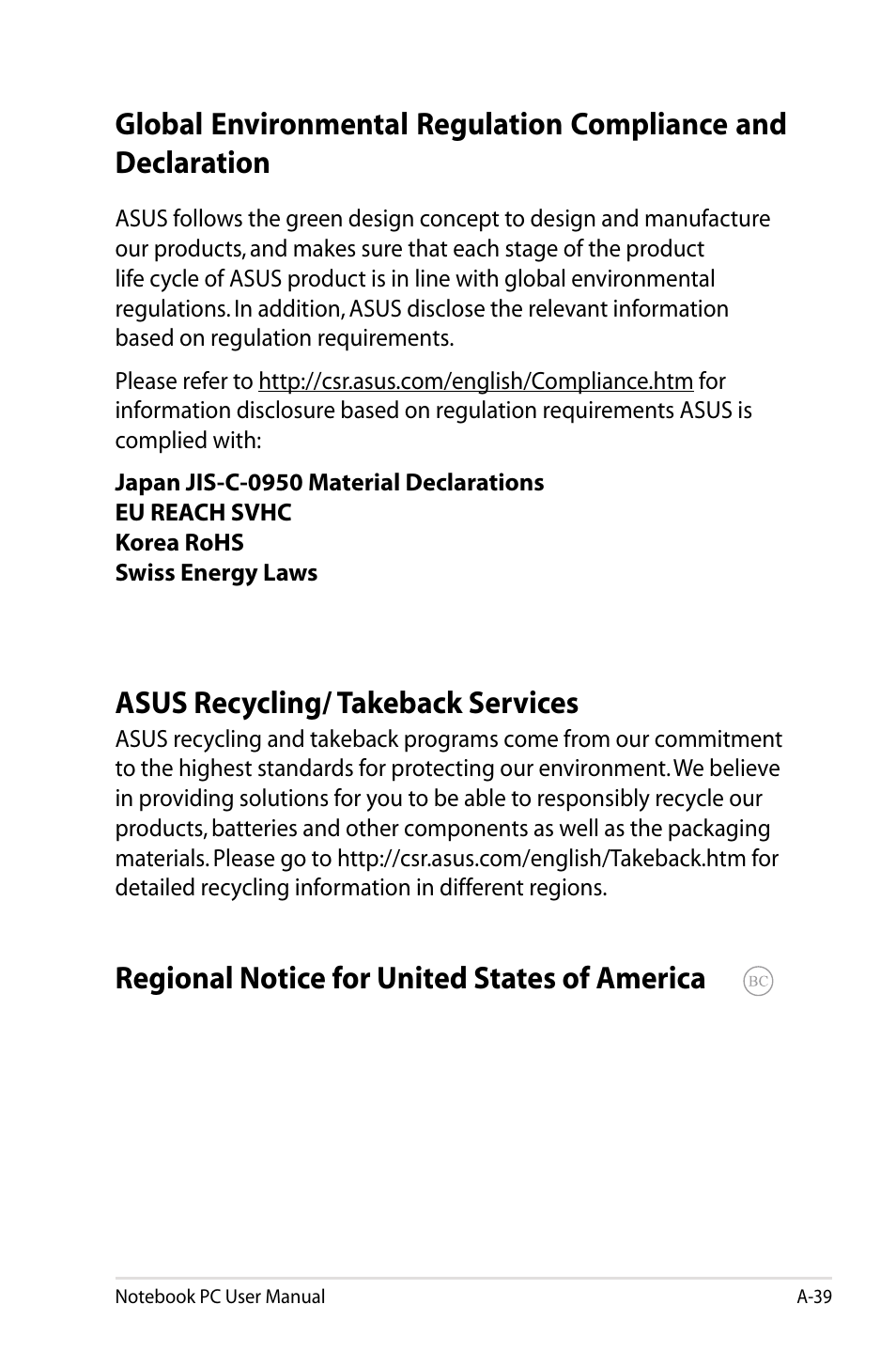 Asus recycling/ takeback services, Regional notice for united states of america | Asus R900VB User Manual | Page 119 / 122