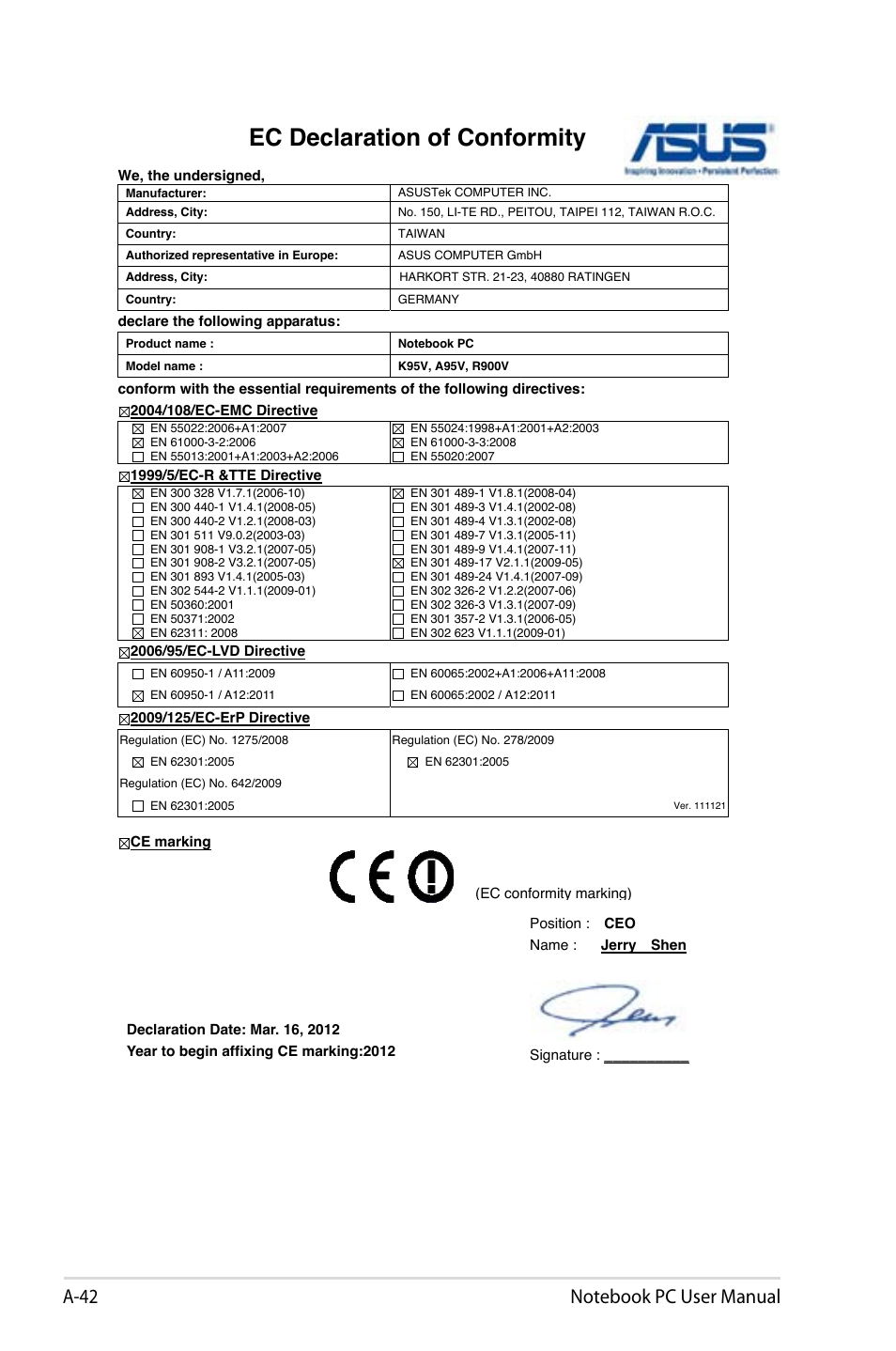 Ec declaration of conformity | Asus R900VB User Manual | Page 122 / 122