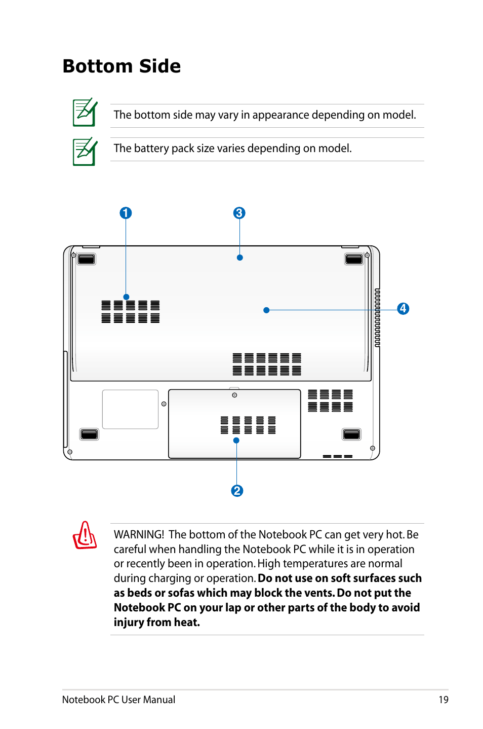 Bottom side | Asus R900VB User Manual | Page 19 / 122