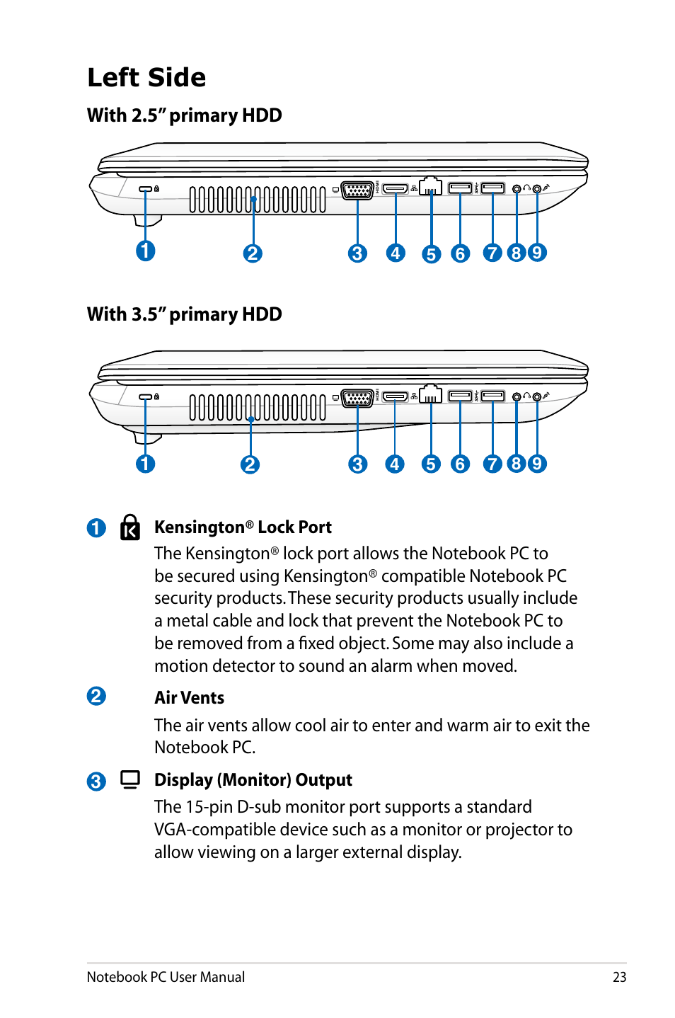 Left side, With 3.5” primary hdd with 2.5” primary hdd | Asus R900VB User Manual | Page 23 / 122