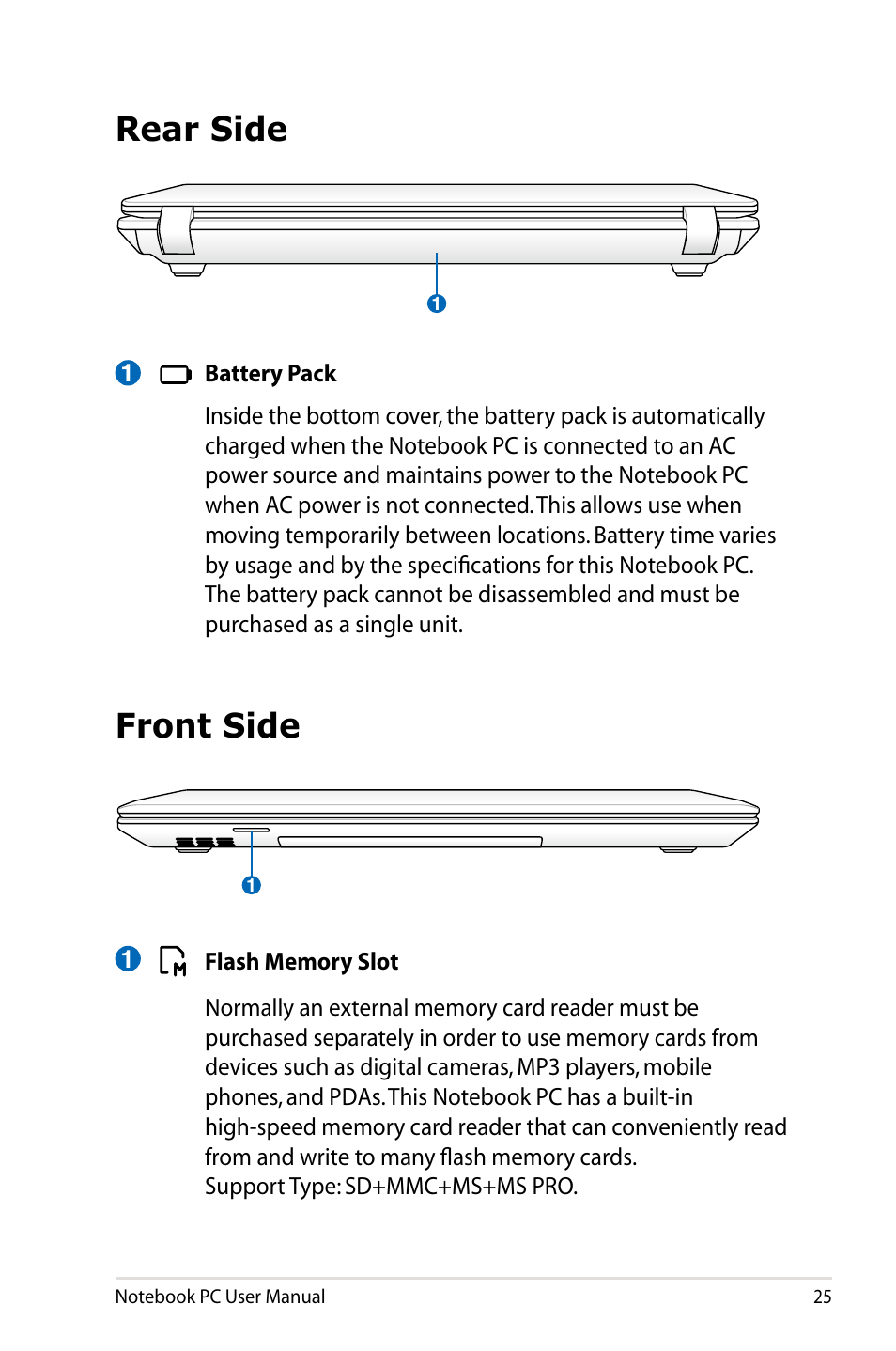 Rear side, Front side, Rear side front side | Asus R900VB User Manual | Page 25 / 122