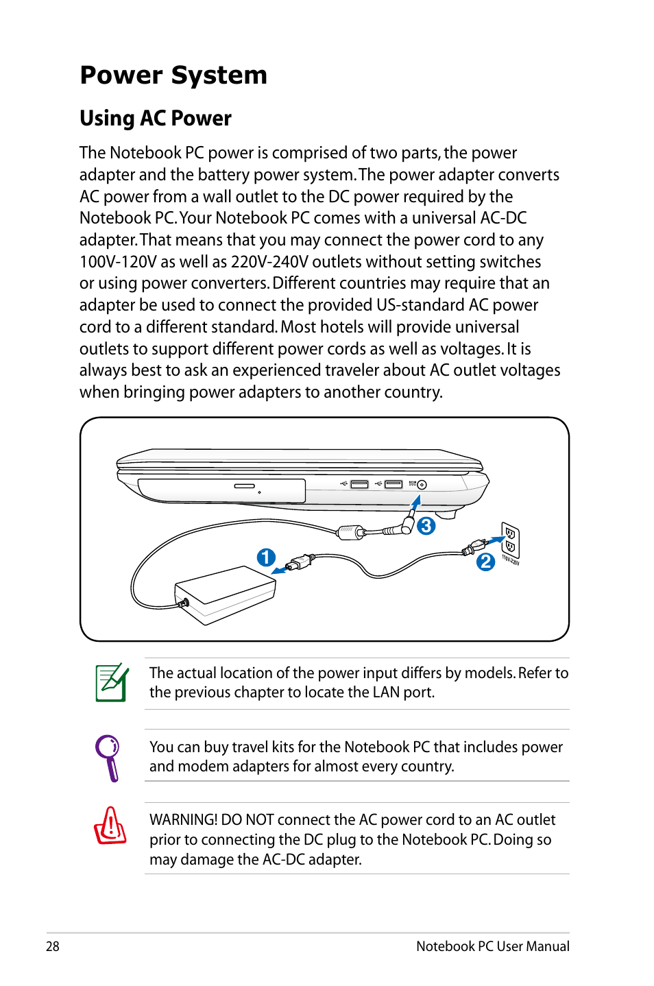 Power system, Using ac power | Asus R900VB User Manual | Page 28 / 122