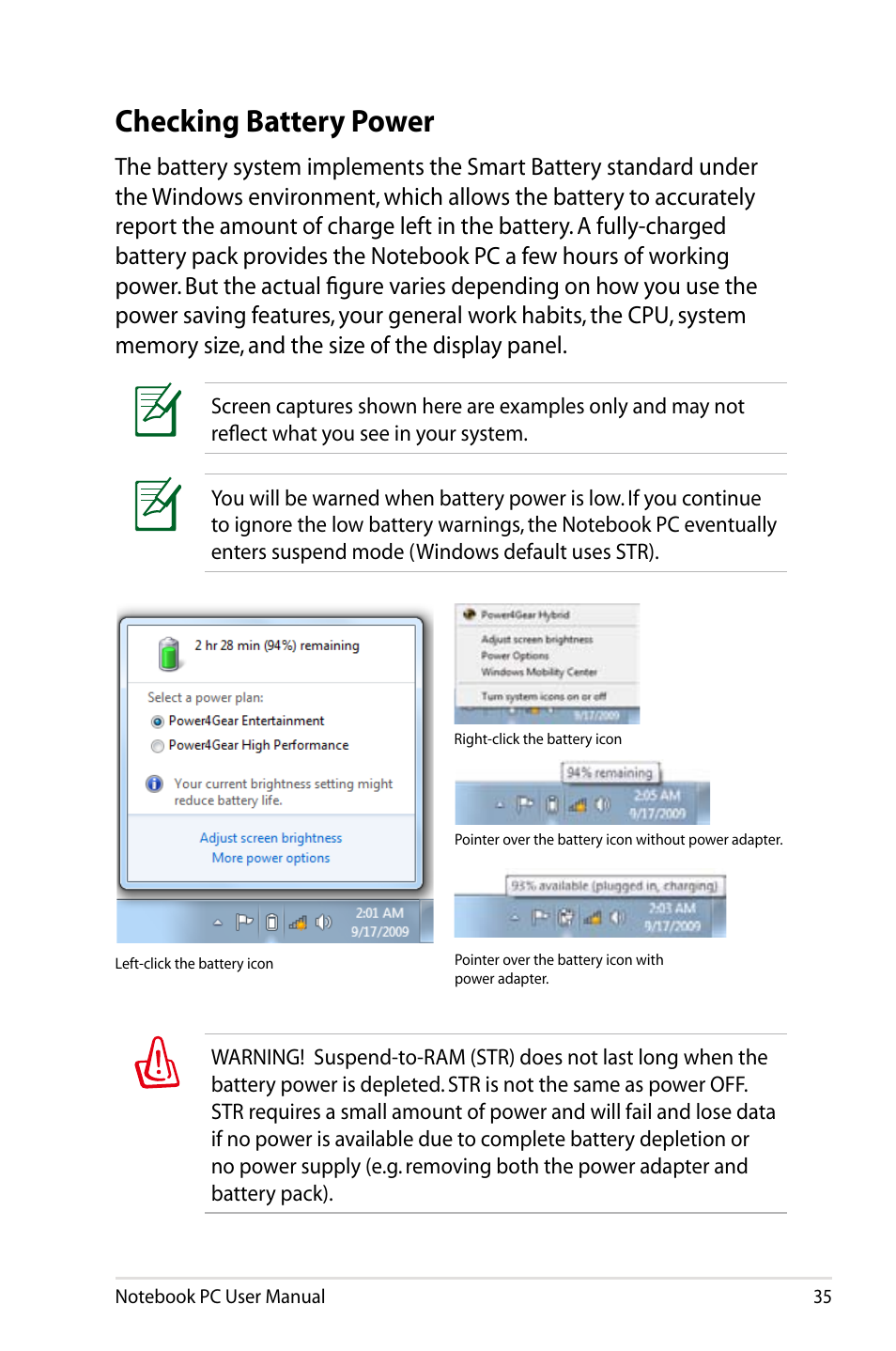 Checking battery power | Asus R900VB User Manual | Page 35 / 122