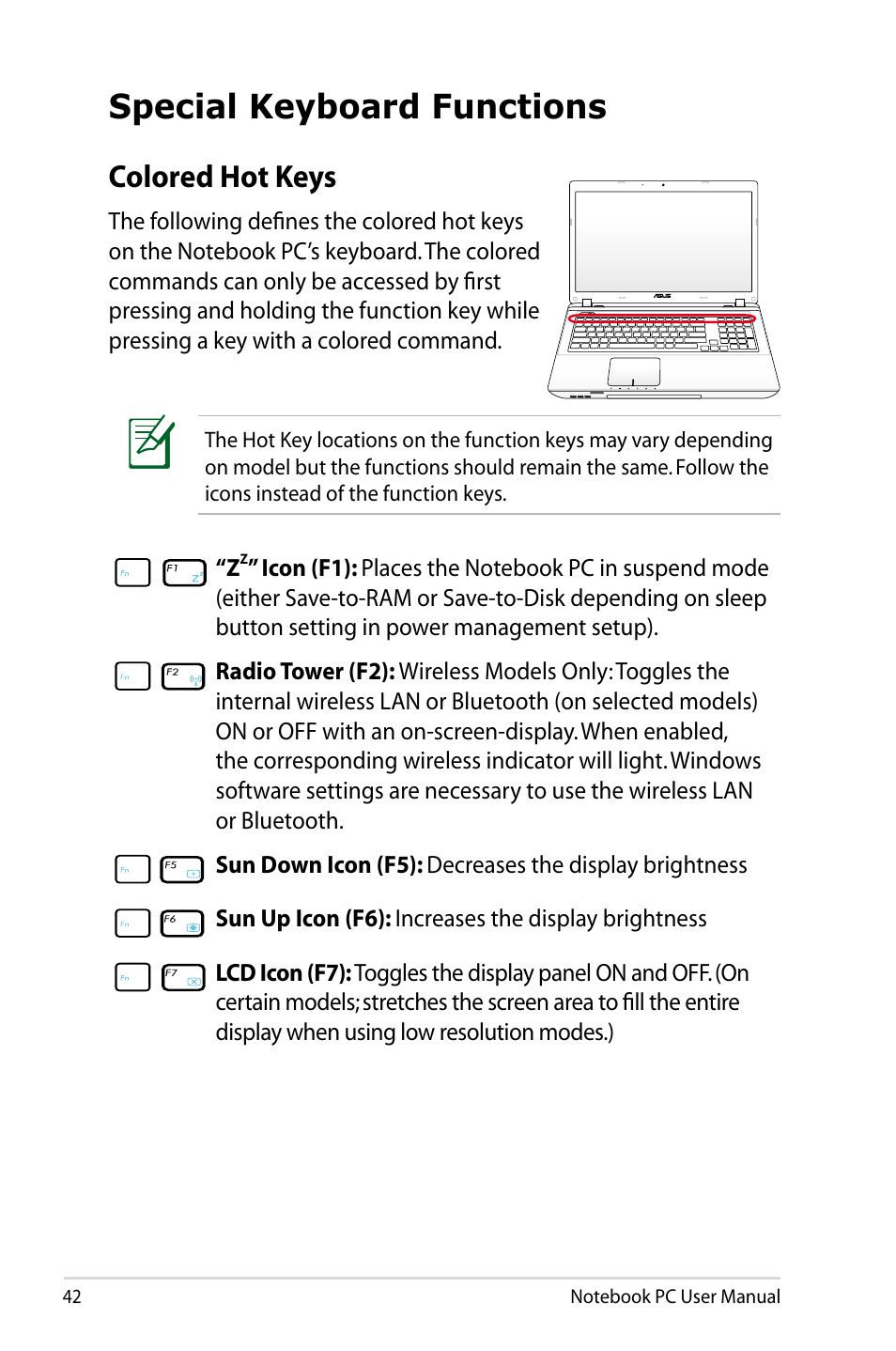 Special keyboard functions, Colored hot keys | Asus R900VB User Manual | Page 42 / 122