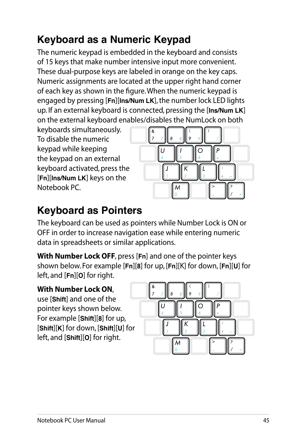 Keyboard as a numeric keypad, Keyboard as pointers | Asus R900VB User Manual | Page 45 / 122