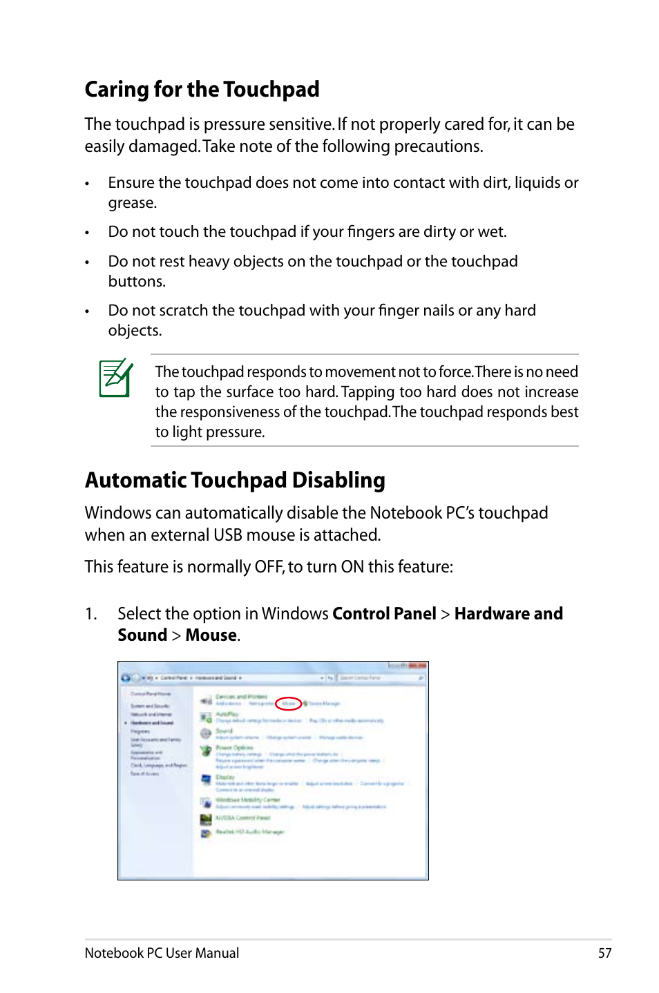 Caring for the touchpad, Automatic touchpad disabling | Asus R900VB User Manual | Page 57 / 122