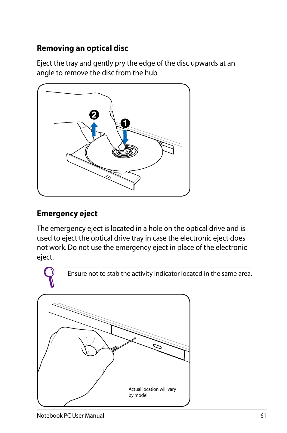 Emergency eject, Removing an optical disc | Asus R900VB User Manual | Page 61 / 122