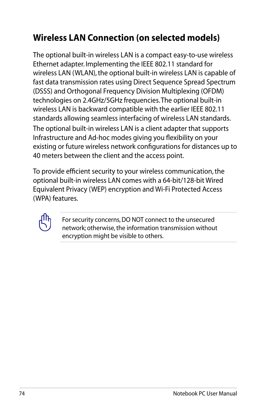 Wireless lan connection (on selected models) | Asus R900VB User Manual | Page 74 / 122