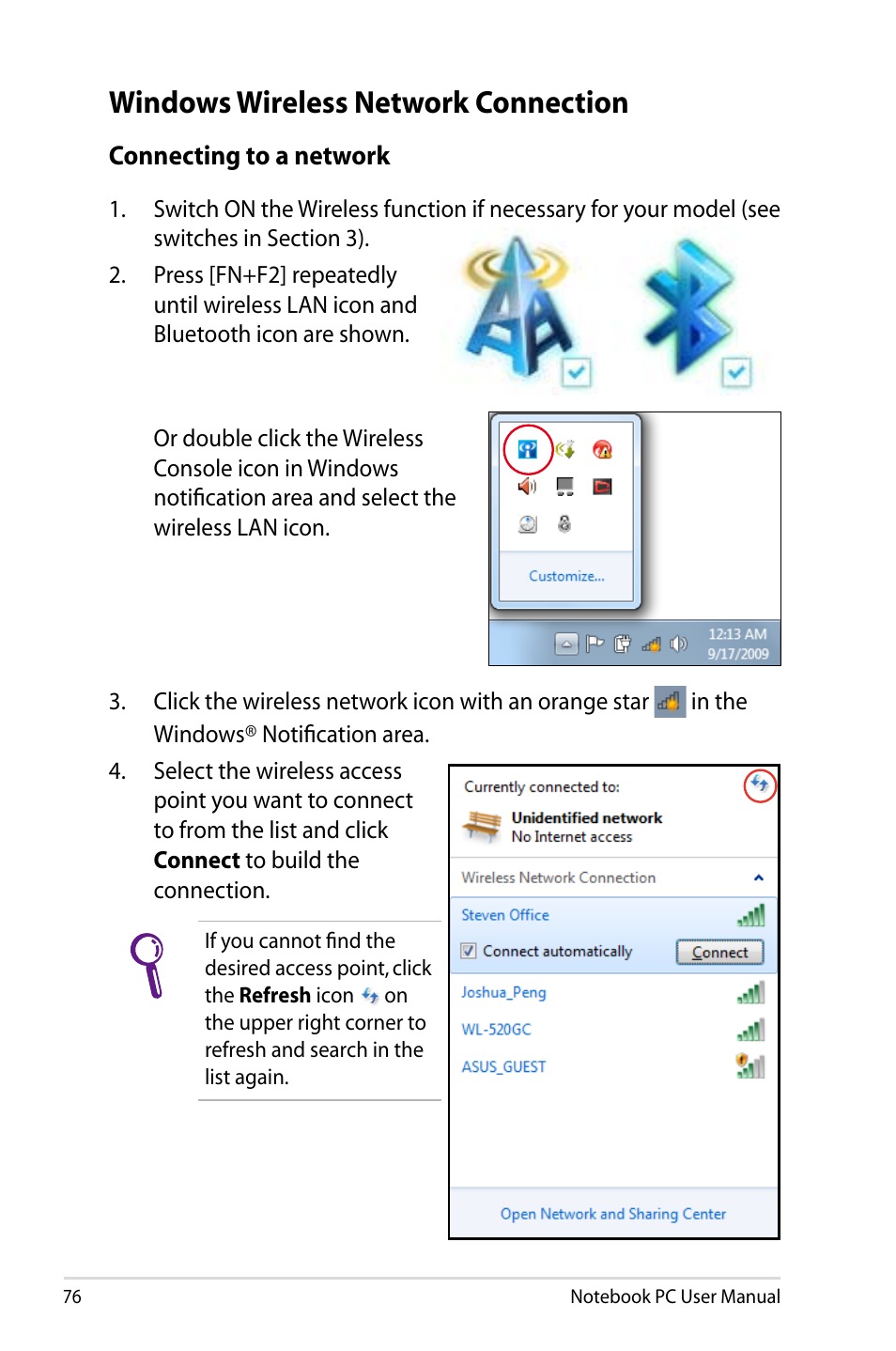 Windows wireless network connection | Asus R900VB User Manual | Page 76 / 122