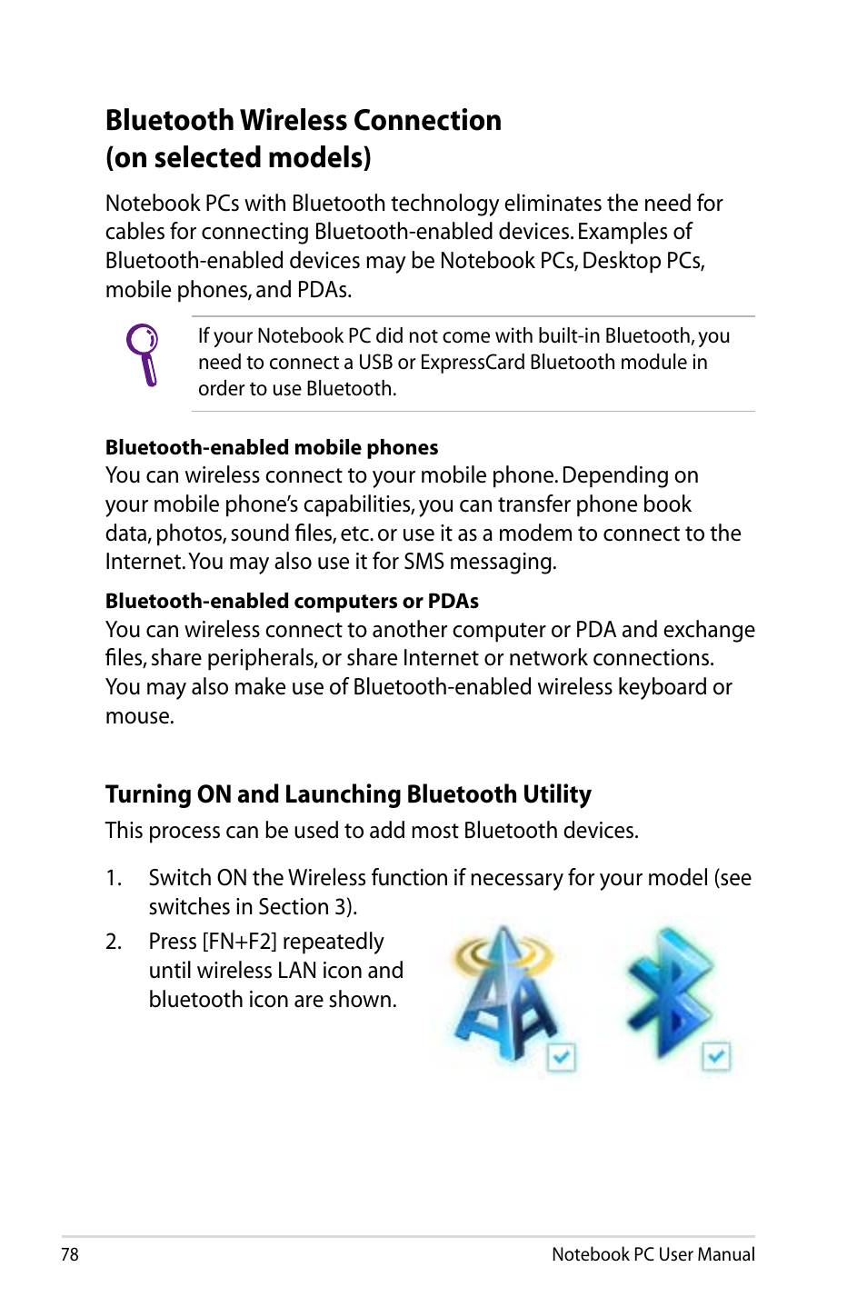 Bluetooth wireless connection(on selected models), Bluetooth wireless connection (on selected models) | Asus R900VB User Manual | Page 78 / 122