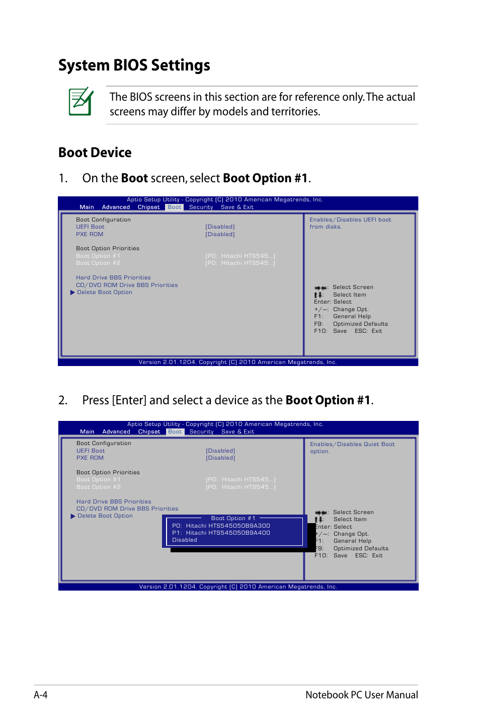 System bios settings, Boot device, On the boot screen, select boot option #1 | Asus R900VB User Manual | Page 84 / 122