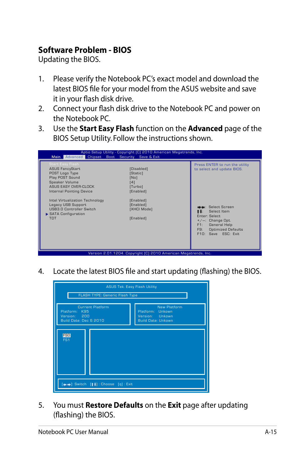 Software problem - bios | Asus R900VB User Manual | Page 95 / 122