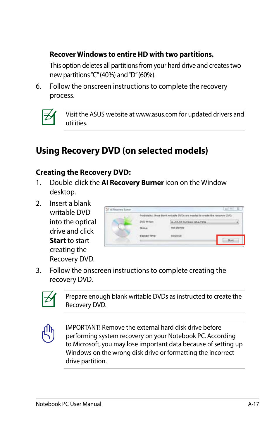 Using recovery dvd (on selected models) | Asus R900VB User Manual | Page 97 / 122