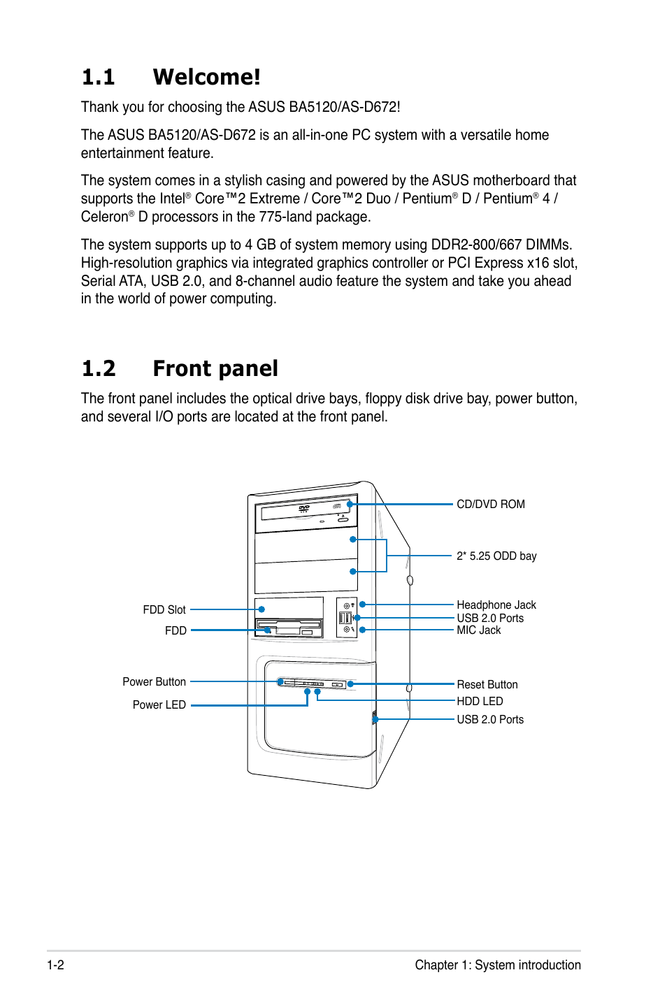 1 welcome, 2 front panel, Welcome! -2 | Front panel -2 | Asus BA5120 User Manual | Page 12 / 42