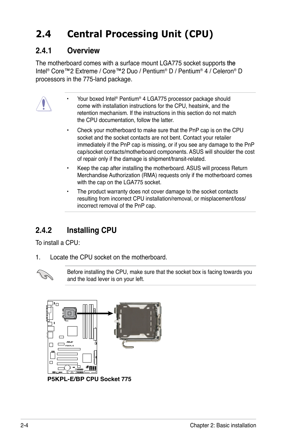 4 central processing unit (cpu), 1 overview, 2 installing cpu | Central processing unit (cpu) -4 2.4.1, Overview -4, Installing cpu -4 | Asus BA5120 User Manual | Page 18 / 42