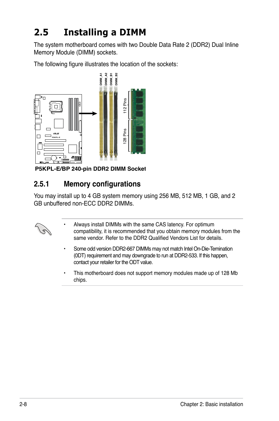 5 installing a dimm, 1 memory configurations, Installing a dimm -8 2.5.1 | Memory configurations -8 | Asus BA5120 User Manual | Page 22 / 42