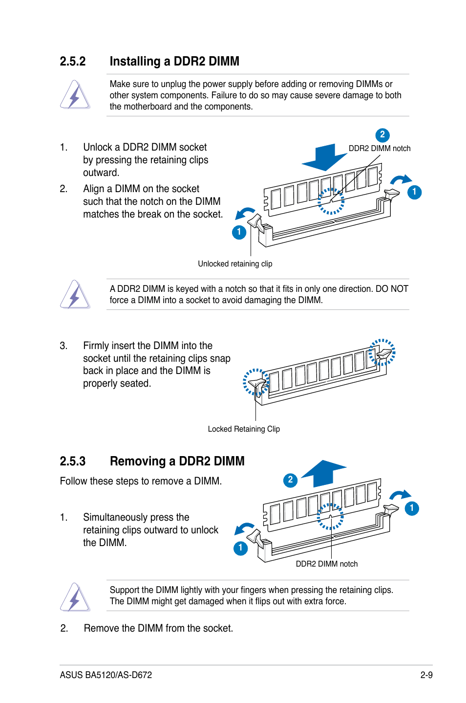 2 installing a ddr2 dimm, 3 removing a ddr2 dimm, Installing a ddr2 dimm -9 | Removing a ddr2 dimm -9 | Asus BA5120 User Manual | Page 23 / 42