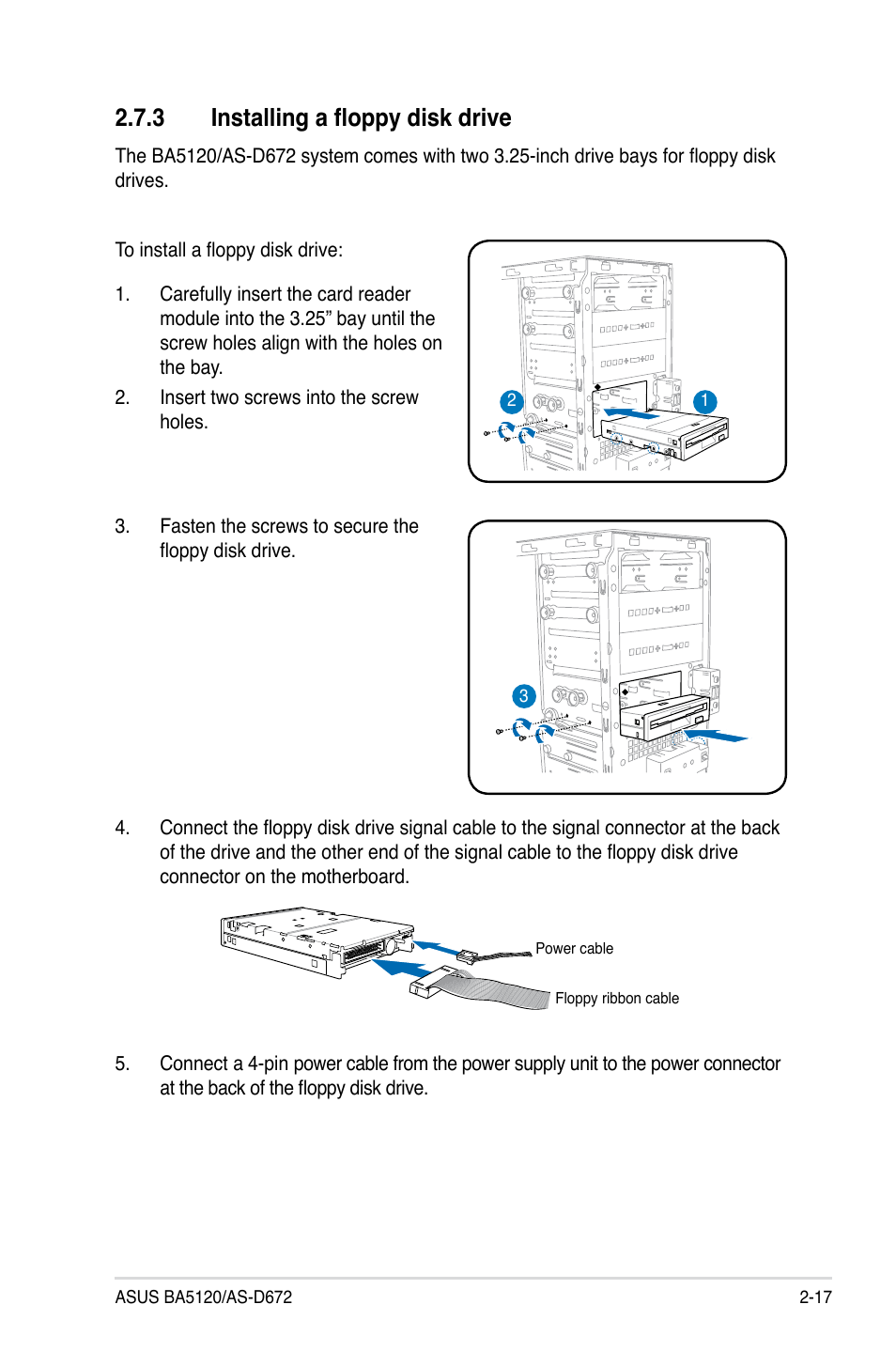 3 installing a floppy disk drive, Installing a floppy disk drive -17 | Asus BA5120 User Manual | Page 31 / 42