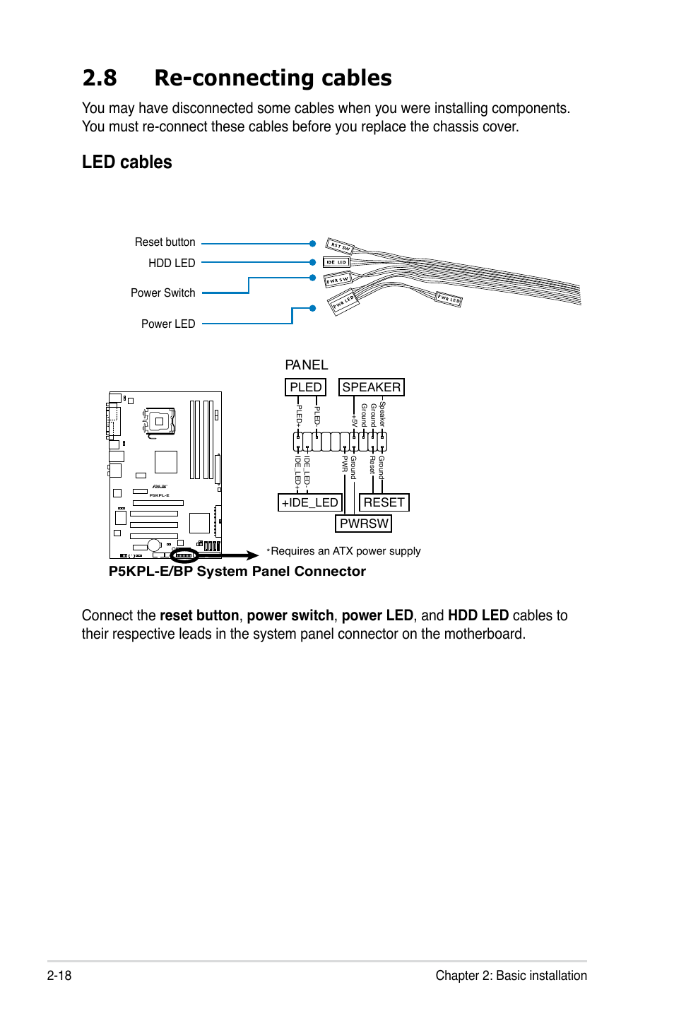 8 re-connecting cables, Led cables, Re-connecting cables -18 led cables -18 | 18 chapter 2: basic installation, P5kpl-e/bp system panel connector | Asus BA5120 User Manual | Page 32 / 42