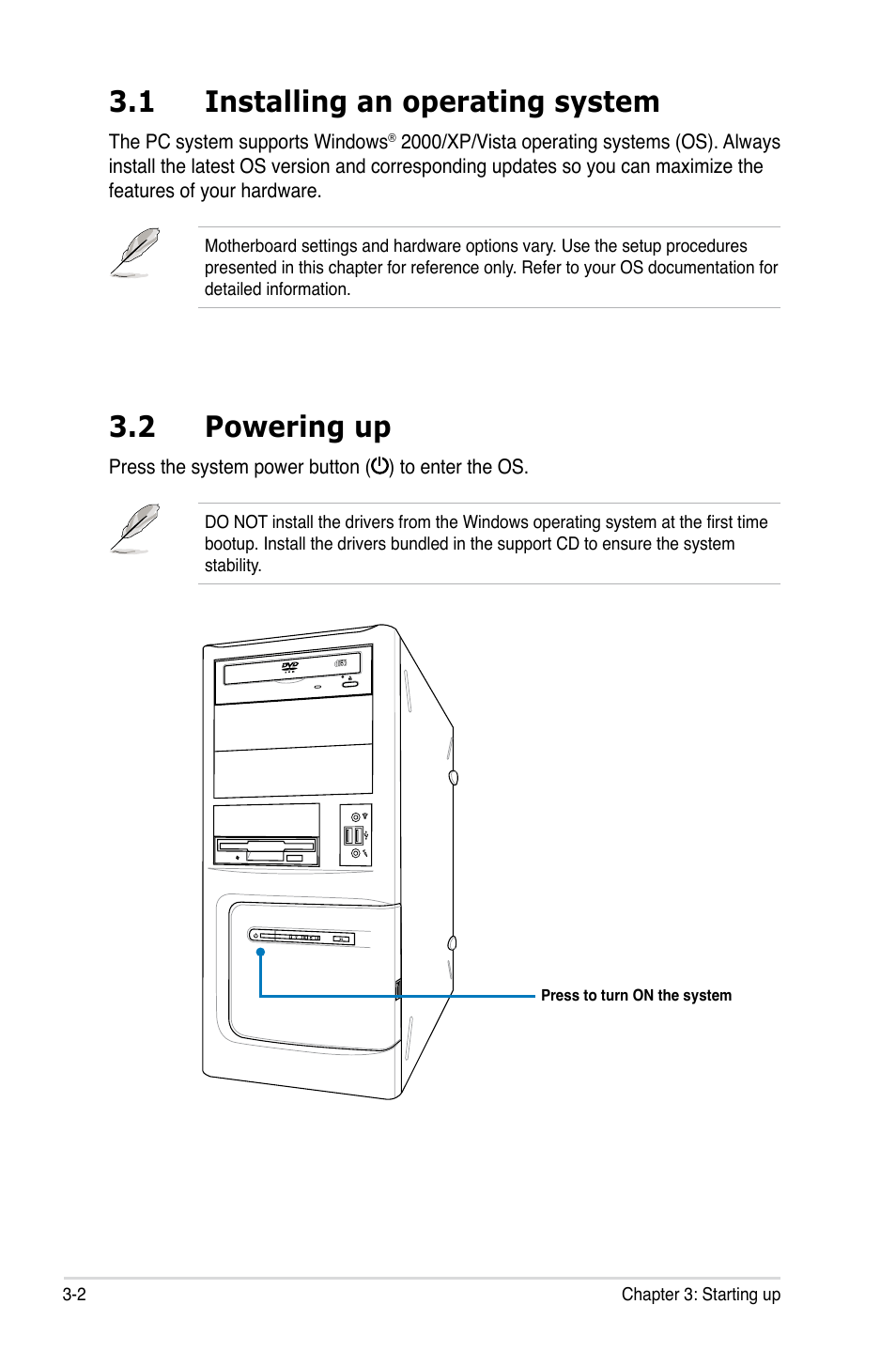 1 installing an operating system, 2 powering up, Installing an operating system -2 | Powering up -2 | Asus BA5120 User Manual | Page 34 / 42