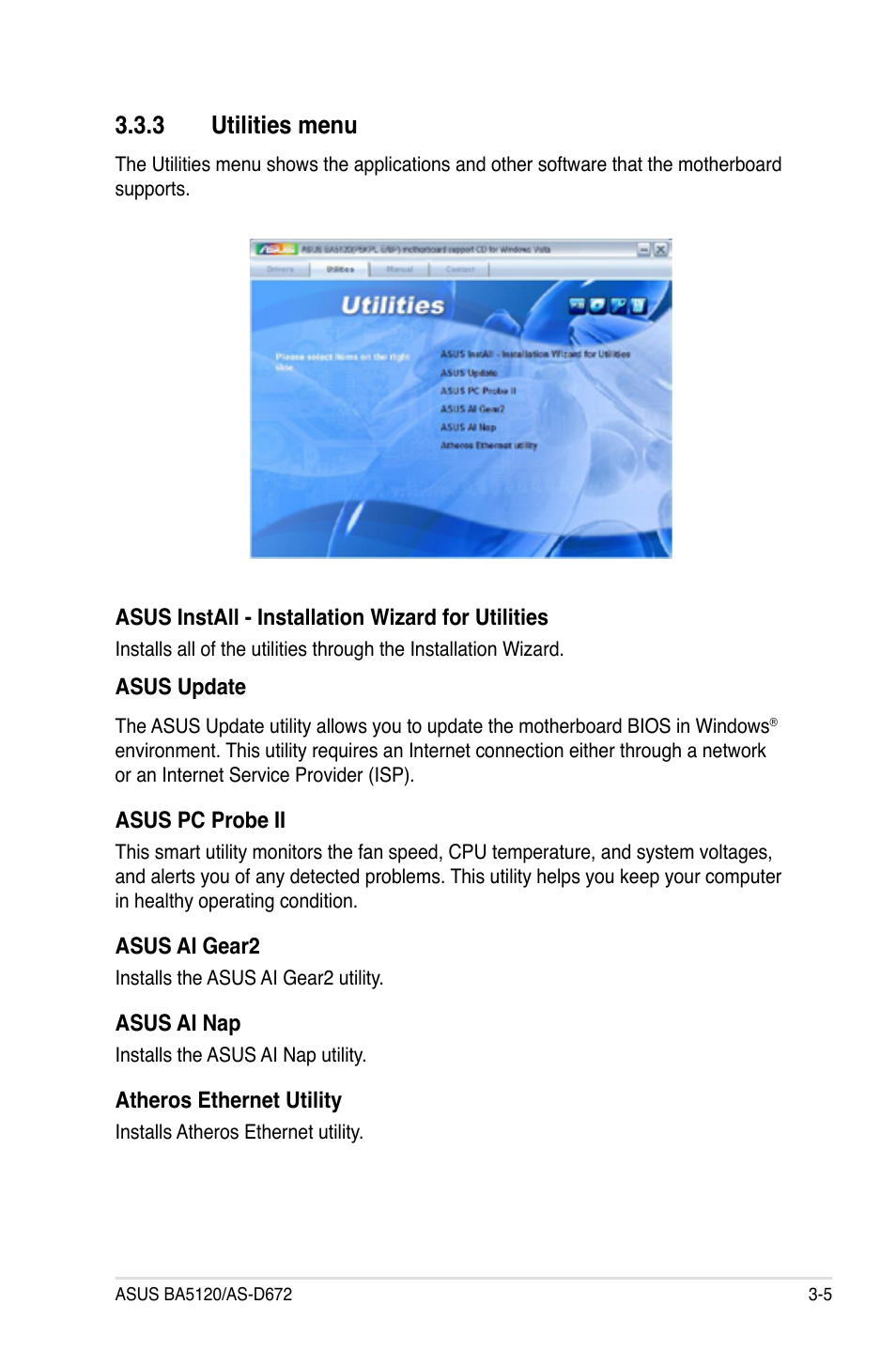 3 utilities menu, Utilities menu -5 | Asus BA5120 User Manual | Page 37 / 42