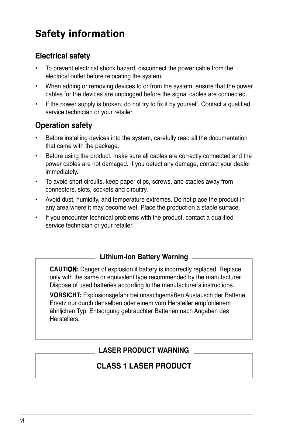 Safety information, Electrical safety, Operation safety | Class 1 laser product | Asus BA5120 User Manual | Page 6 / 42